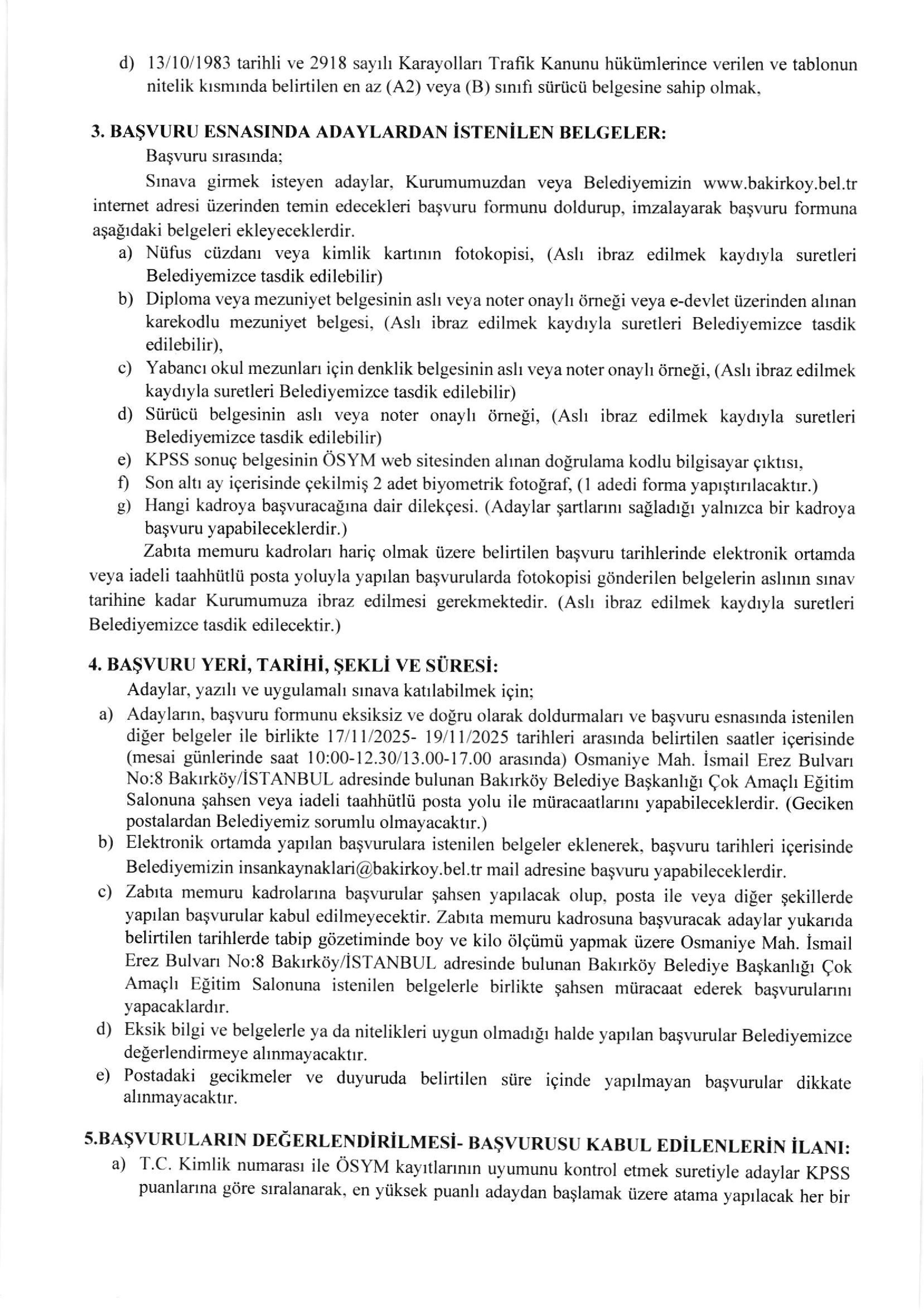 BAKIRKÖY BELEDİYE BAŞKANLIĞI 40 MEMUR ALACAK ( 17 Kasım - 19 Kasım) İlan İçeriği Sayfa 3