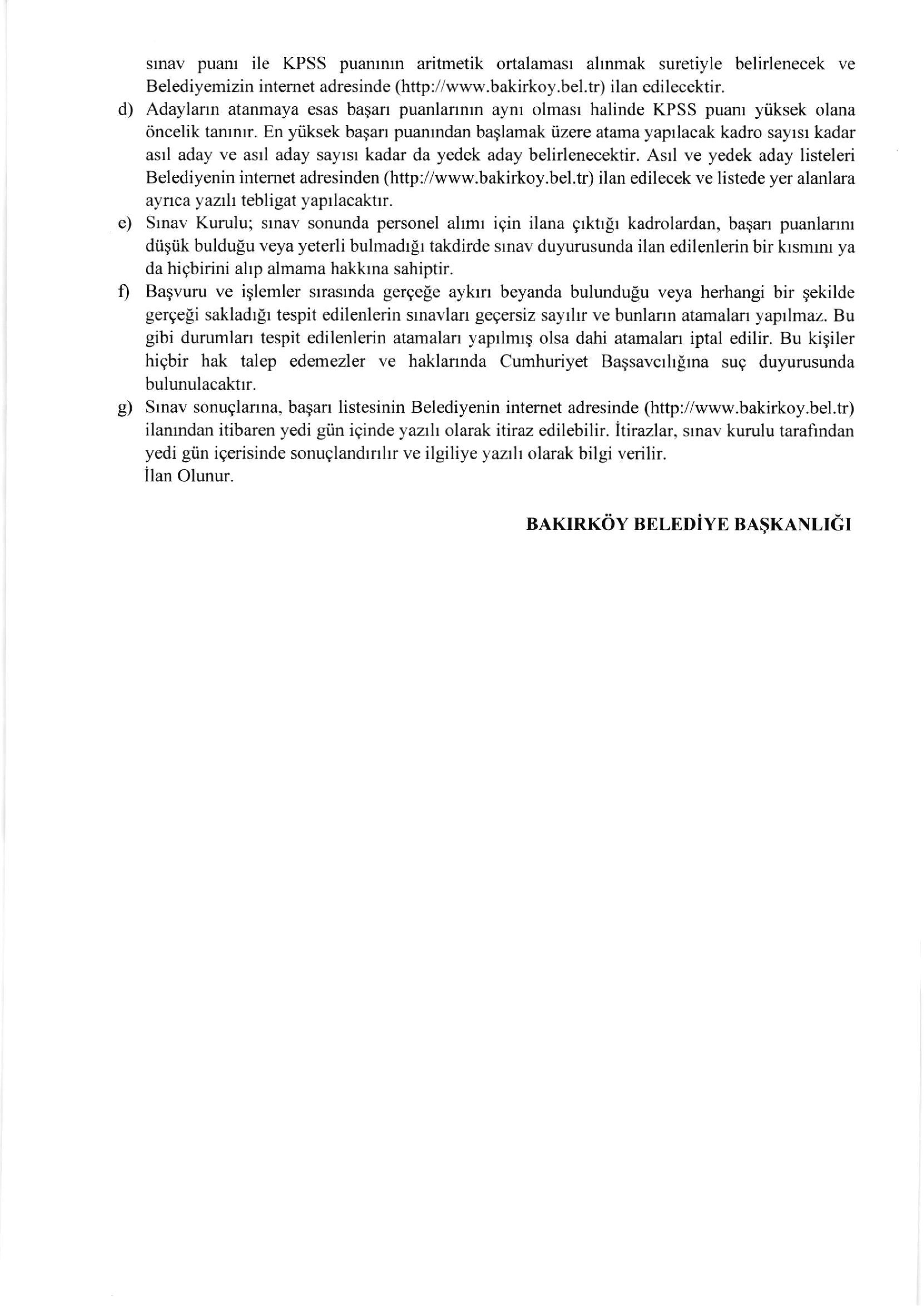BAKIRKÖY BELEDİYE BAŞKANLIĞI 40 MEMUR ALACAK ( 17 Kasım - 19 Kasım) İlan İçeriği Sayfa 5