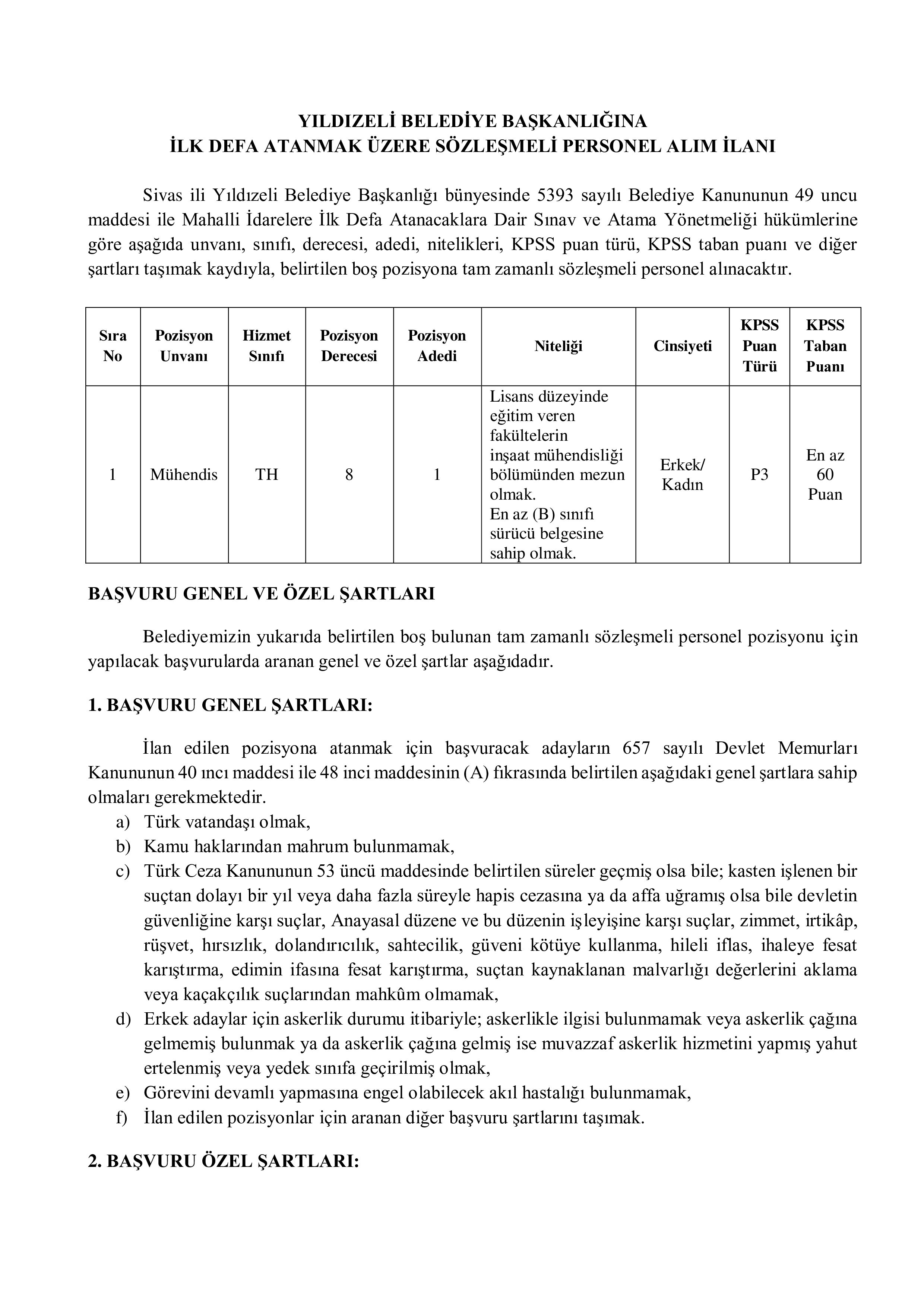 YILDIZELİ BELEDİYE BAŞKANLIĞI 3 MEMUR ALACAK ( 3 Kasım - 5 Kasım) İlan İçeriği Sayfa 1
