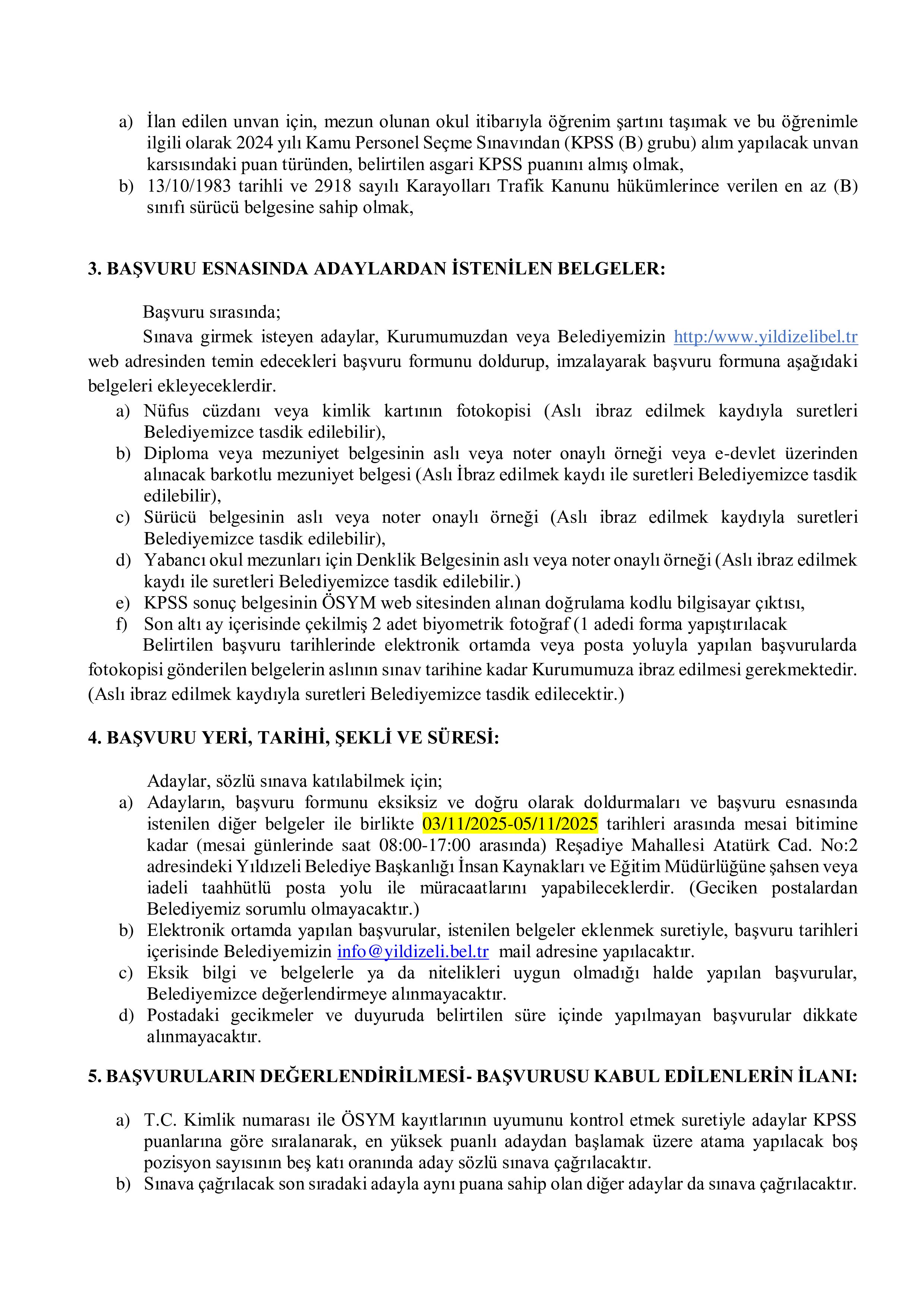 YILDIZELİ BELEDİYE BAŞKANLIĞI 3 MEMUR ALACAK ( 3 Kasım - 5 Kasım) İlan İçeriği Sayfa 2