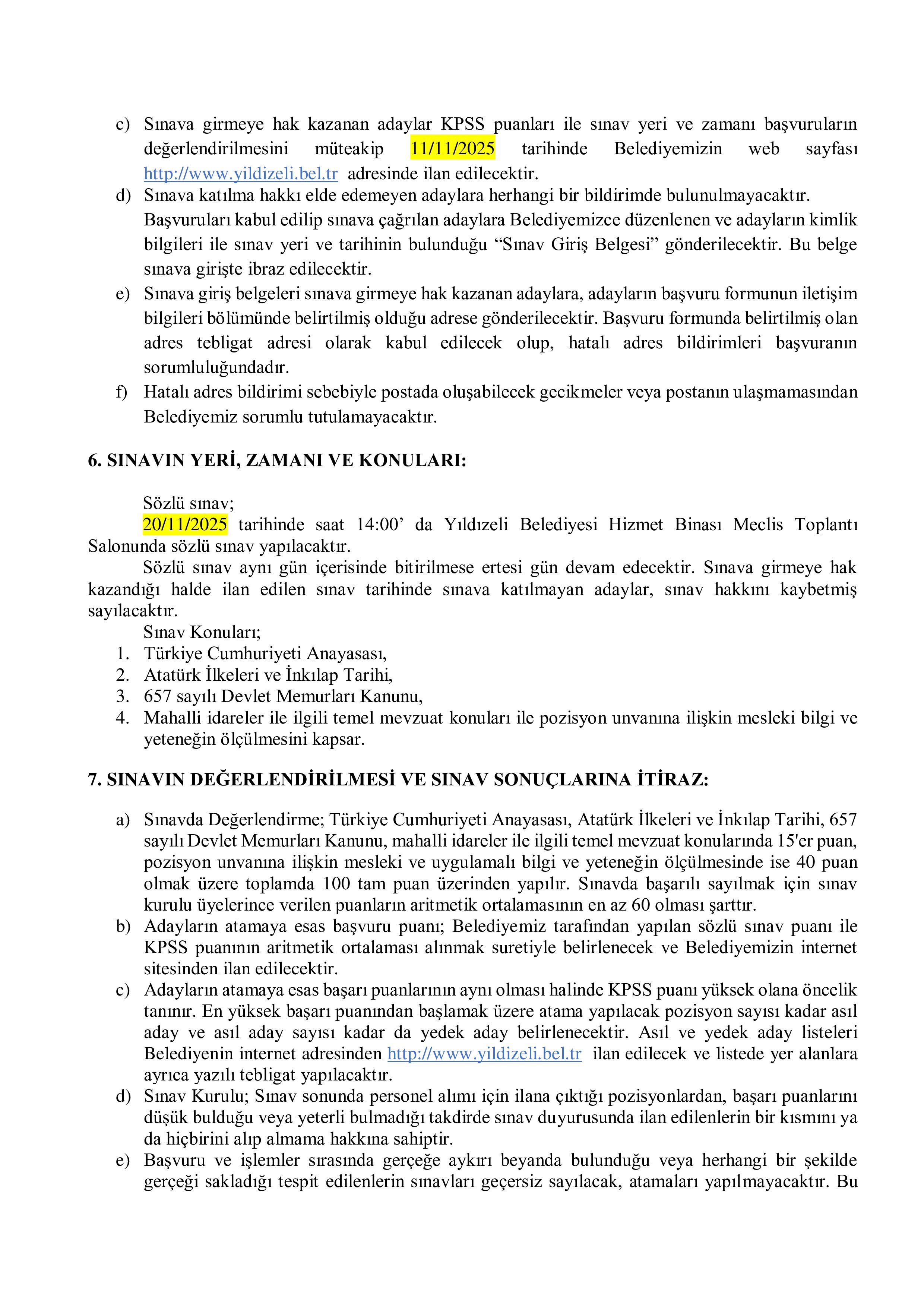 YILDIZELİ BELEDİYE BAŞKANLIĞI 3 MEMUR ALACAK ( 3 Kasım - 5 Kasım) İlan İçeriği Sayfa 3
