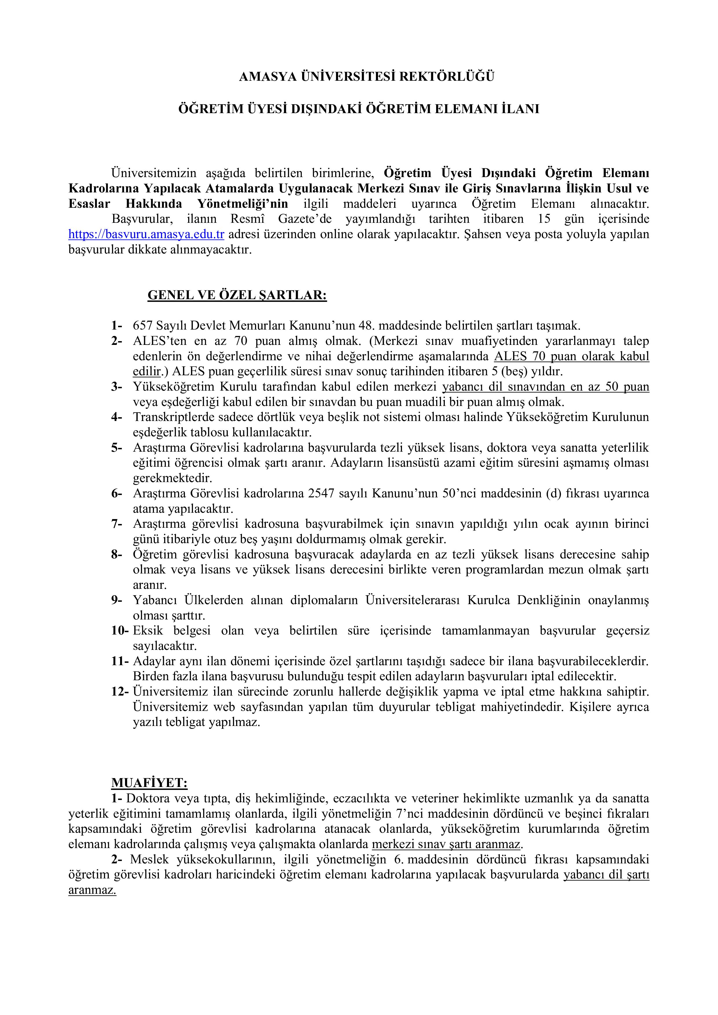 İlan İçeriği Sayfa 1 AMASYA ÜNİVERSİTESİ 30 ÖĞRETİM ÜYESİ ALACAK ( 22 Haziran - 6 Temmuz) İlan İçeriği Sayfa 1
