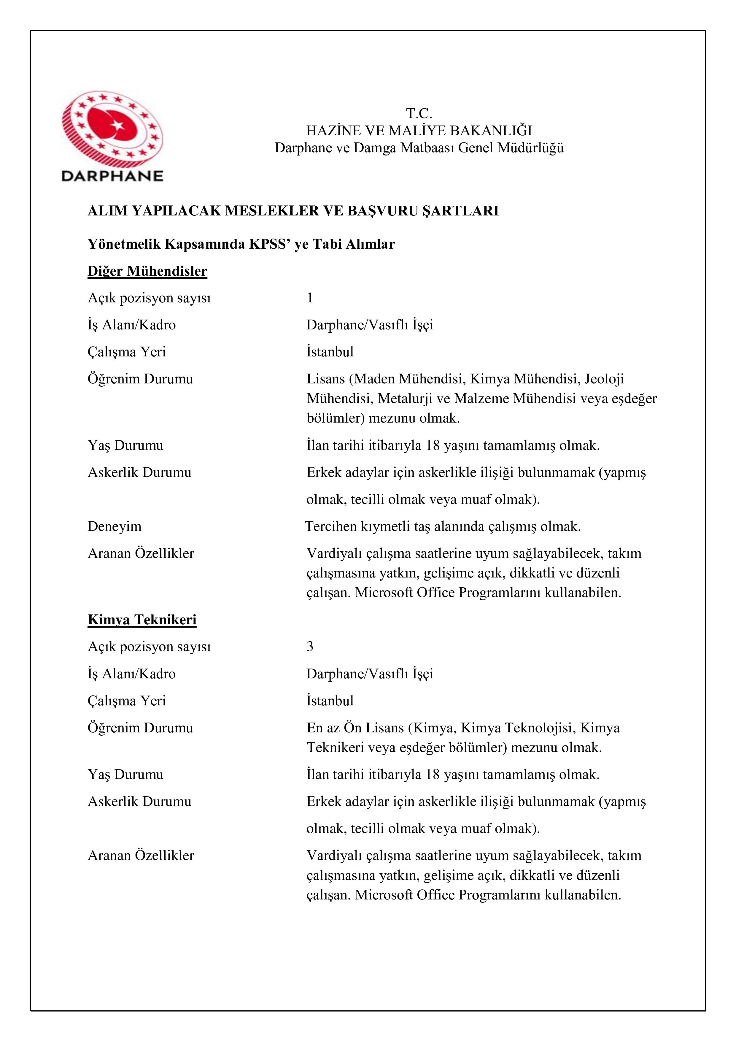 İlan İçeriği Sayfa 2 DARPHANE VE DAMGA MATBAASI GENEL MÜDÜRLÜĞÜ 124 SüREKLİ İŞÇİ ALACAK ( 22 Haziran - 26 Haziran) İlan İçeriği Sayfa 2