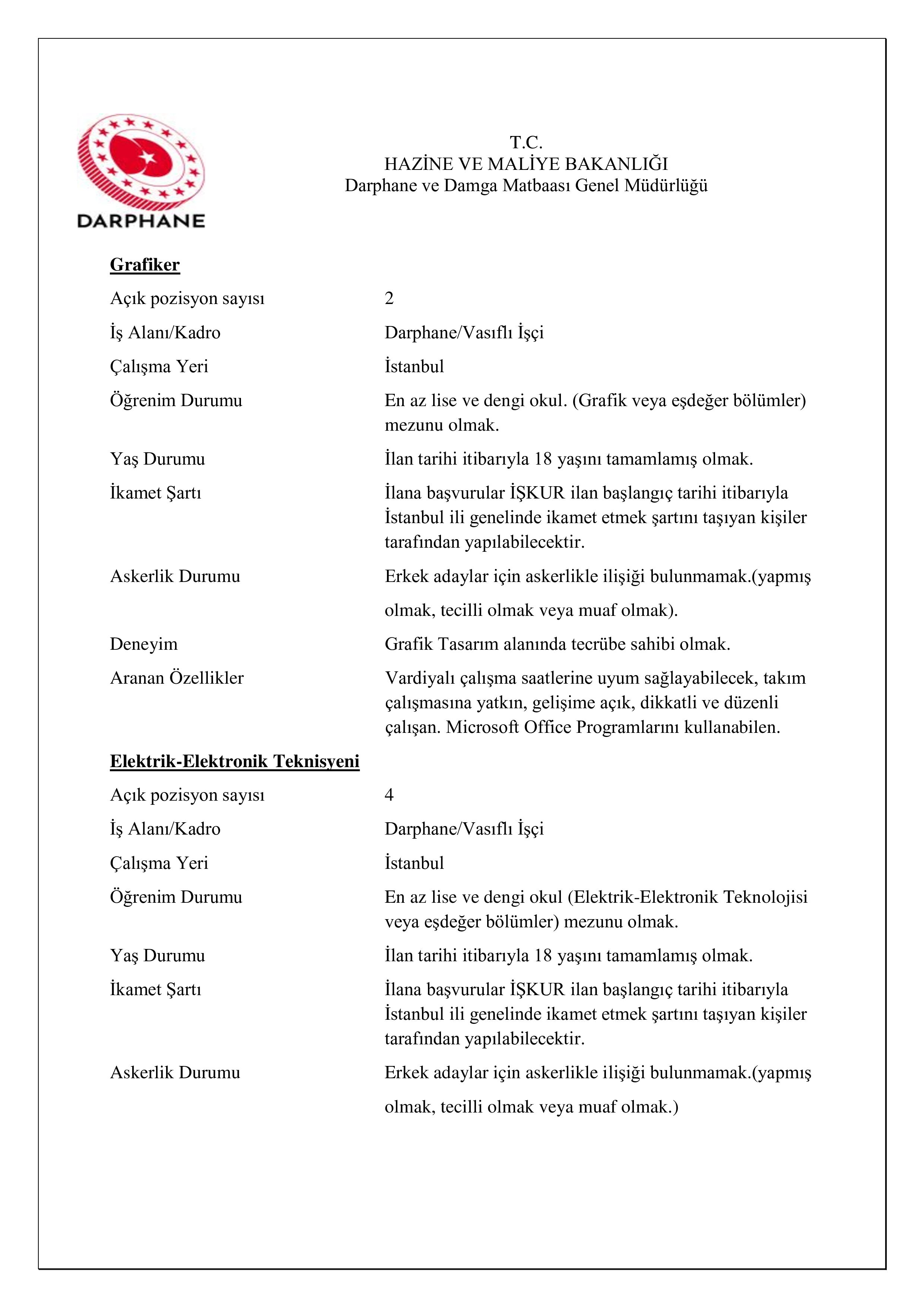 İlan İçeriği Sayfa 7 DARPHANE VE DAMGA MATBAASI GENEL MÜDÜRLÜĞÜ 124 SüREKLİ İŞÇİ ALACAK ( 22 Haziran - 26 Haziran) İlan İçeriği Sayfa 7