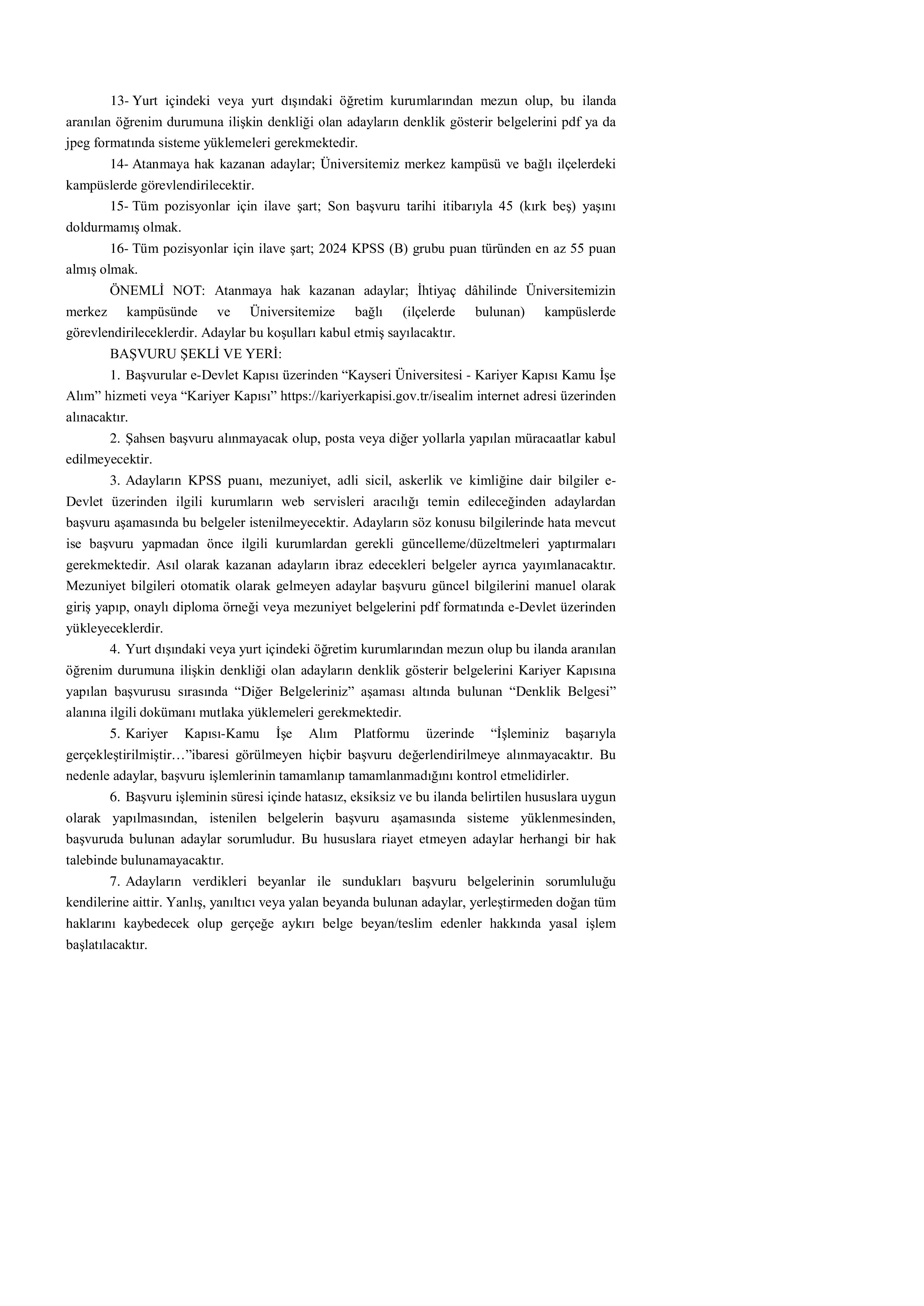 İlan İçeriği Sayfa 2 KAYSERİ ÜNİVERSİTESİ 3 SÖZLEŞMELİ PERSONEL ALACAK ( 22 Haziran - 6 Temmuz) İlan İçeriği Sayfa 2