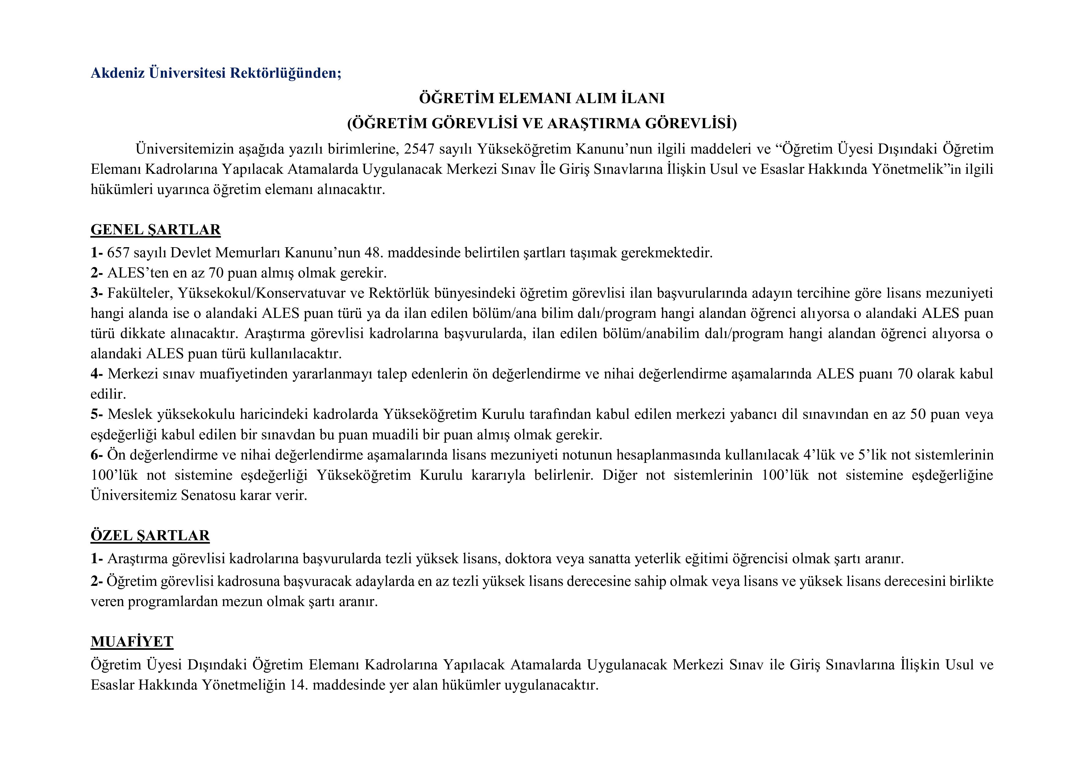 AKDENİZ ÜNİVERSİTESİ 12 ÖĞRETİM ELEMANI ALACAK ( 22 Mayıs - 15 Haziran) İlan İçeriği Sayfa 3