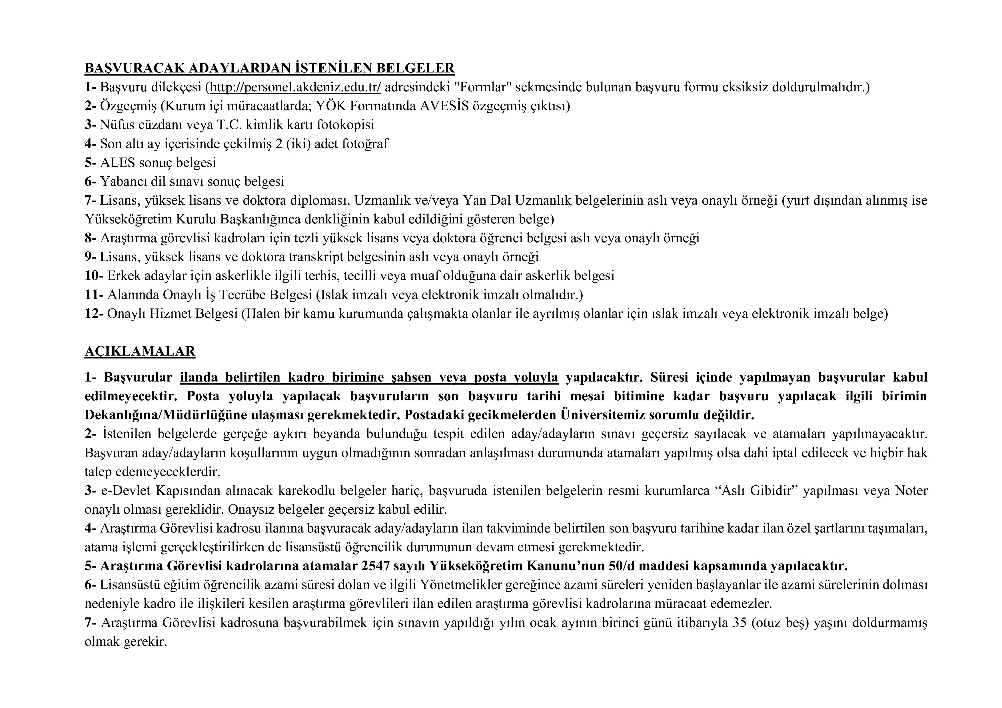 AKDENİZ ÜNİVERSİTESİ 12 ÖĞRETİM ELEMANI ALACAK ( 22 Mayıs - 15 Haziran) İlan İçeriği Sayfa 4