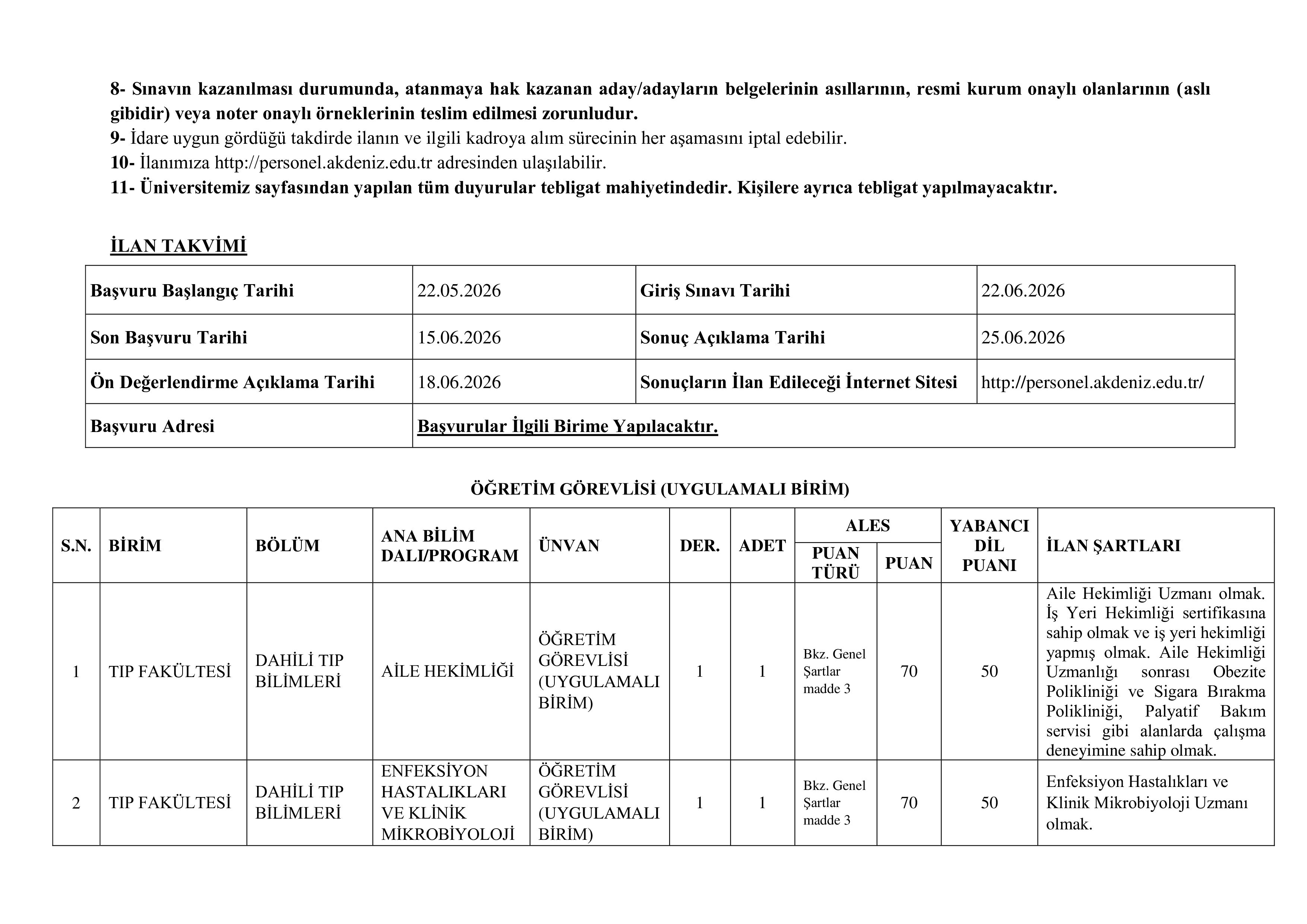 AKDENİZ ÜNİVERSİTESİ 12 ÖĞRETİM ELEMANI ALACAK ( 22 Mayıs - 15 Haziran) İlan İçeriği Sayfa 5