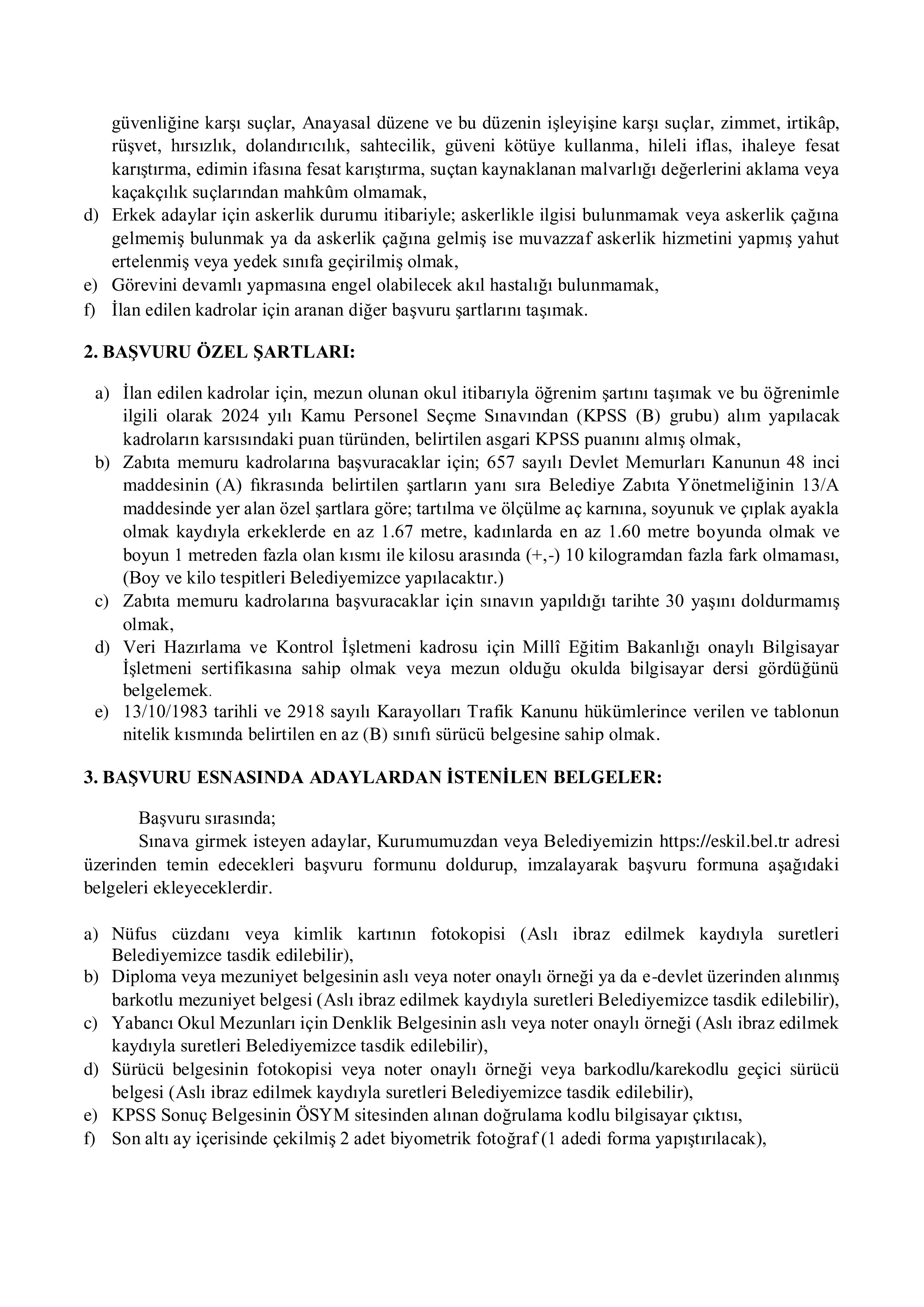 ESKİL BELEDİYE BAŞKANLIĞI 4 ADET ZABITA VE 10 ADET MEMUR  ( 1 Temmuz - 4 Temmuz) İlan İçeriği Sayfa 3