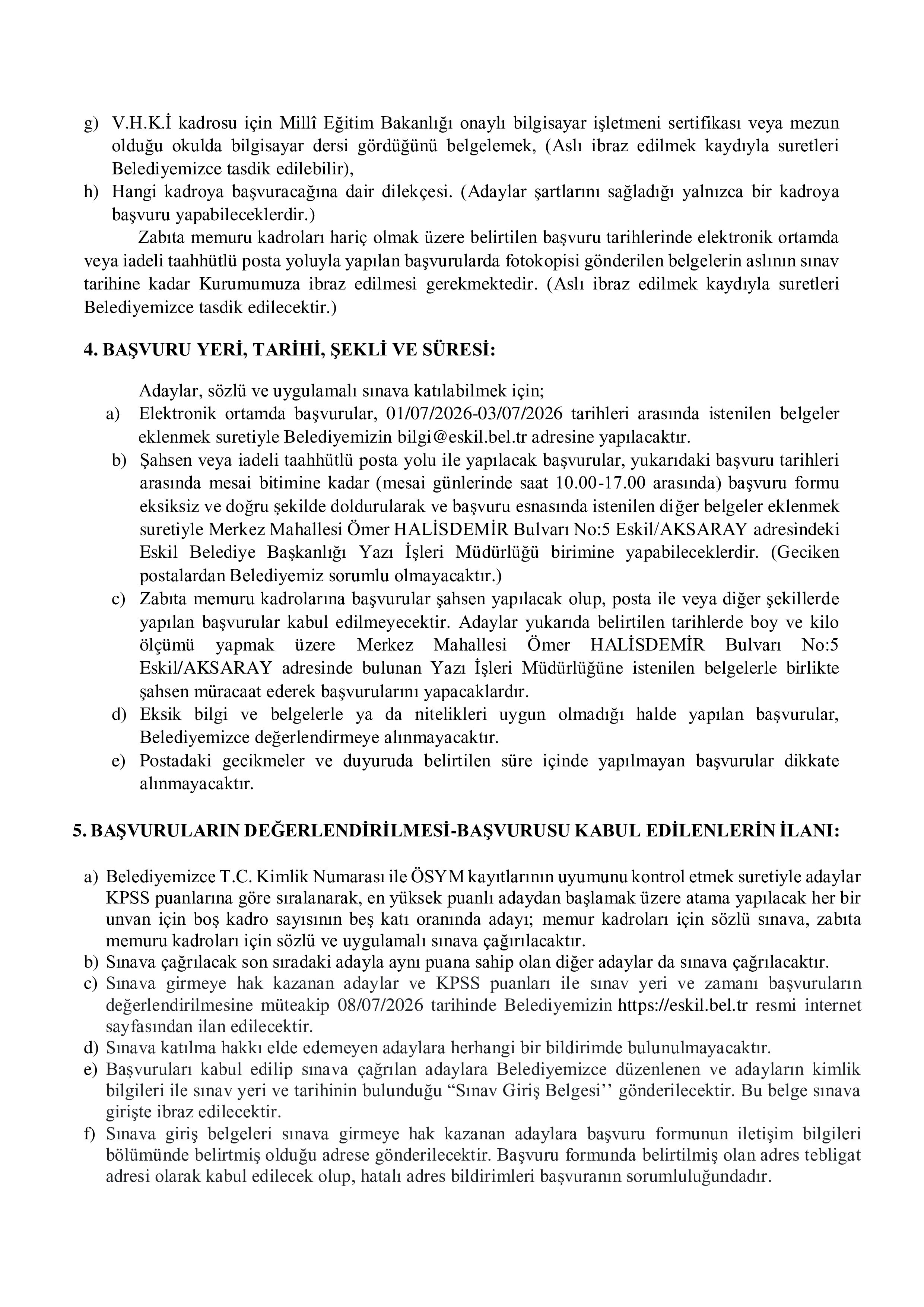 ESKİL BELEDİYE BAŞKANLIĞI 4 ADET ZABITA VE 10 ADET MEMUR  ( 1 Temmuz - 4 Temmuz) İlan İçeriği Sayfa 4
