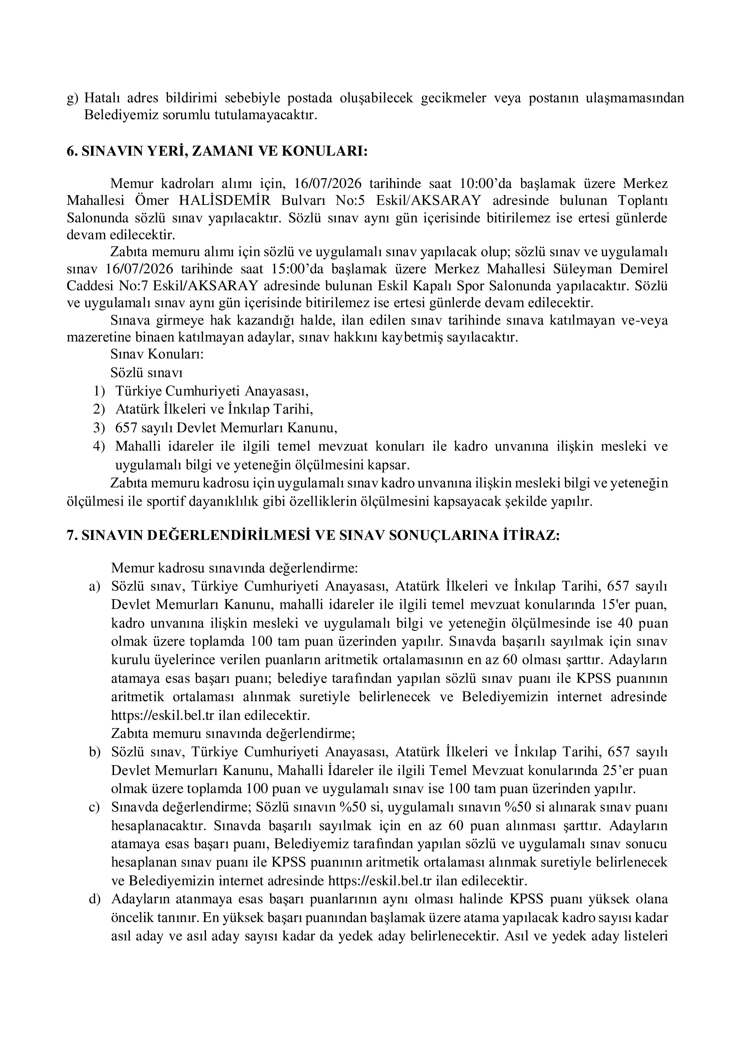 ESKİL BELEDİYE BAŞKANLIĞI 4 ADET ZABITA VE 10 ADET MEMUR  ( 1 Temmuz - 4 Temmuz) İlan İçeriği Sayfa 5