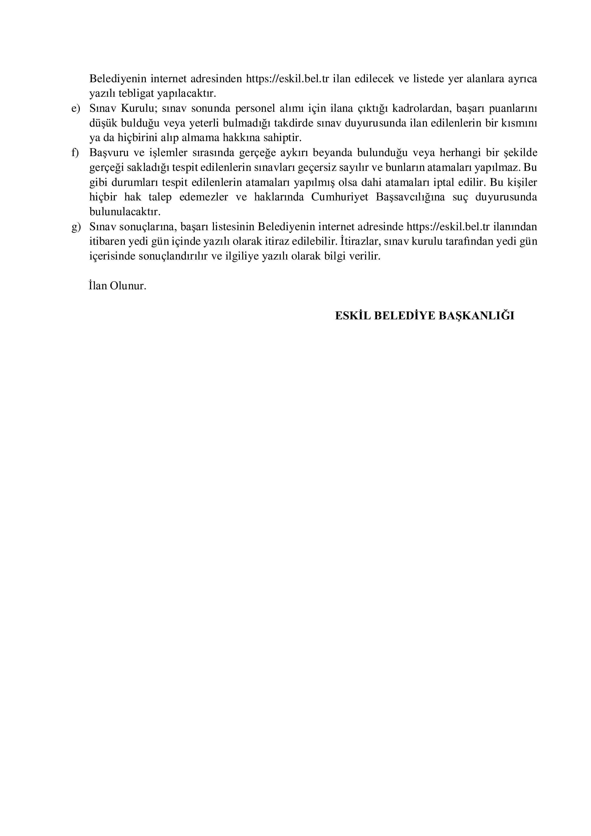 ESKİL BELEDİYE BAŞKANLIĞI 4 ADET ZABITA VE 10 ADET MEMUR  ( 1 Temmuz - 4 Temmuz) İlan İçeriği Sayfa 6