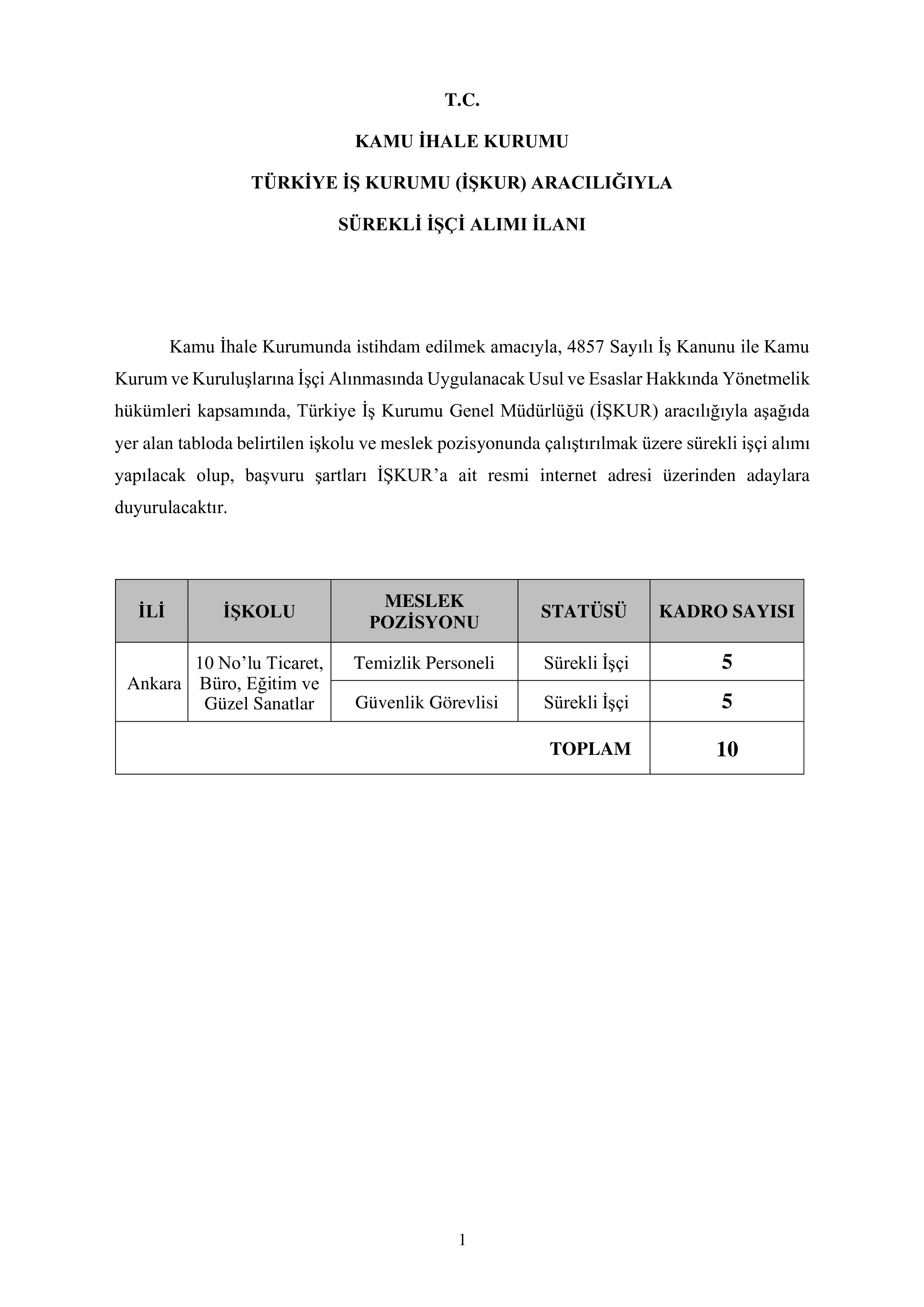 İlan İçeriği Sayfa 1 KAMU İHALE KURUMU 10 SüREKLİ İŞÇİ ALACAK ( 1 Haziran - 5 Haziran) İlan İçeriği Sayfa 1