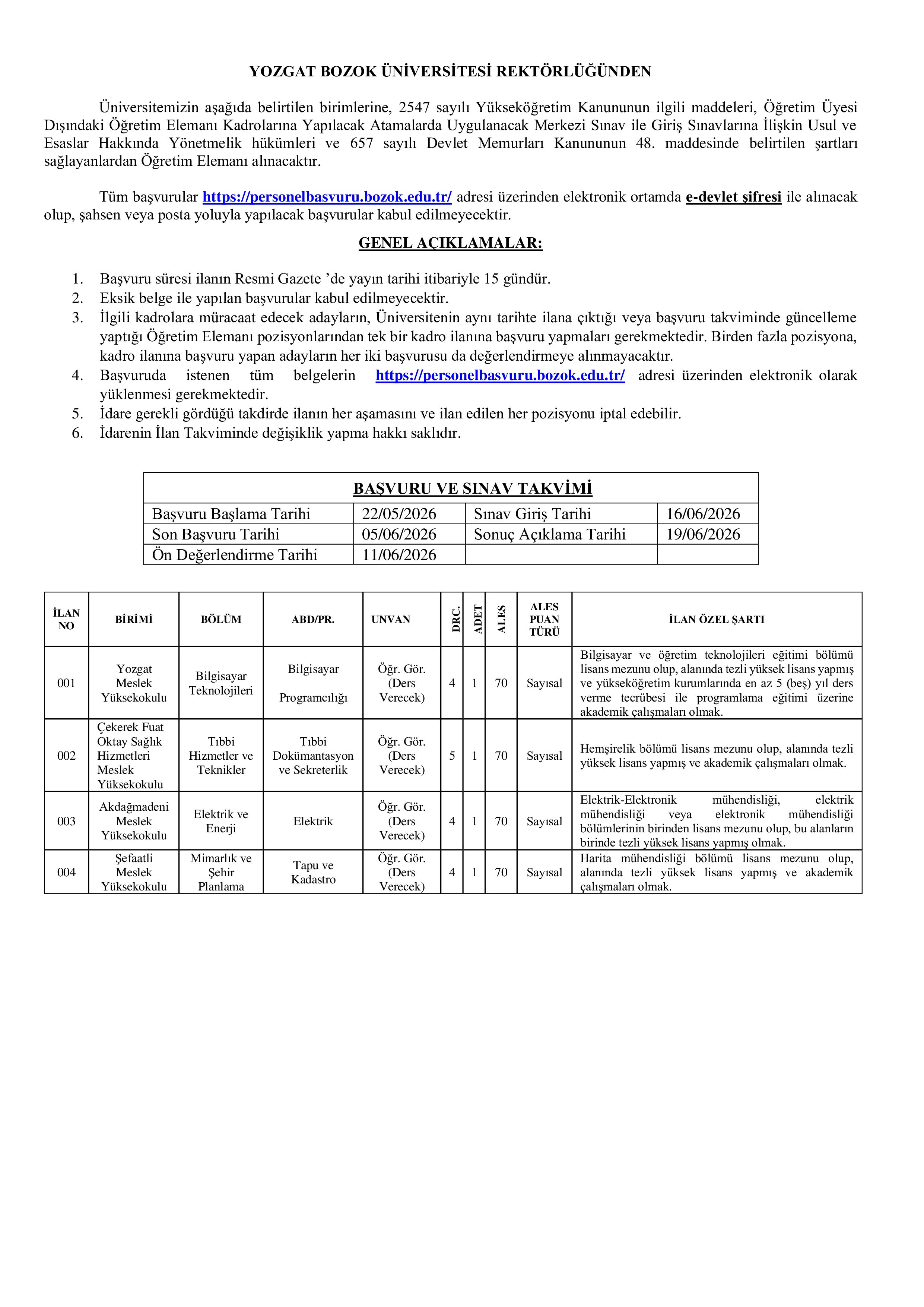 İlan İçeriği Sayfa 1 YOZGAT BOZOK ÜNİVERSİTESİ 4 ÖĞRETİM ELEMANI ALACAK ( 22 Mayıs - 5 Haziran) İlan İçeriği Sayfa 1