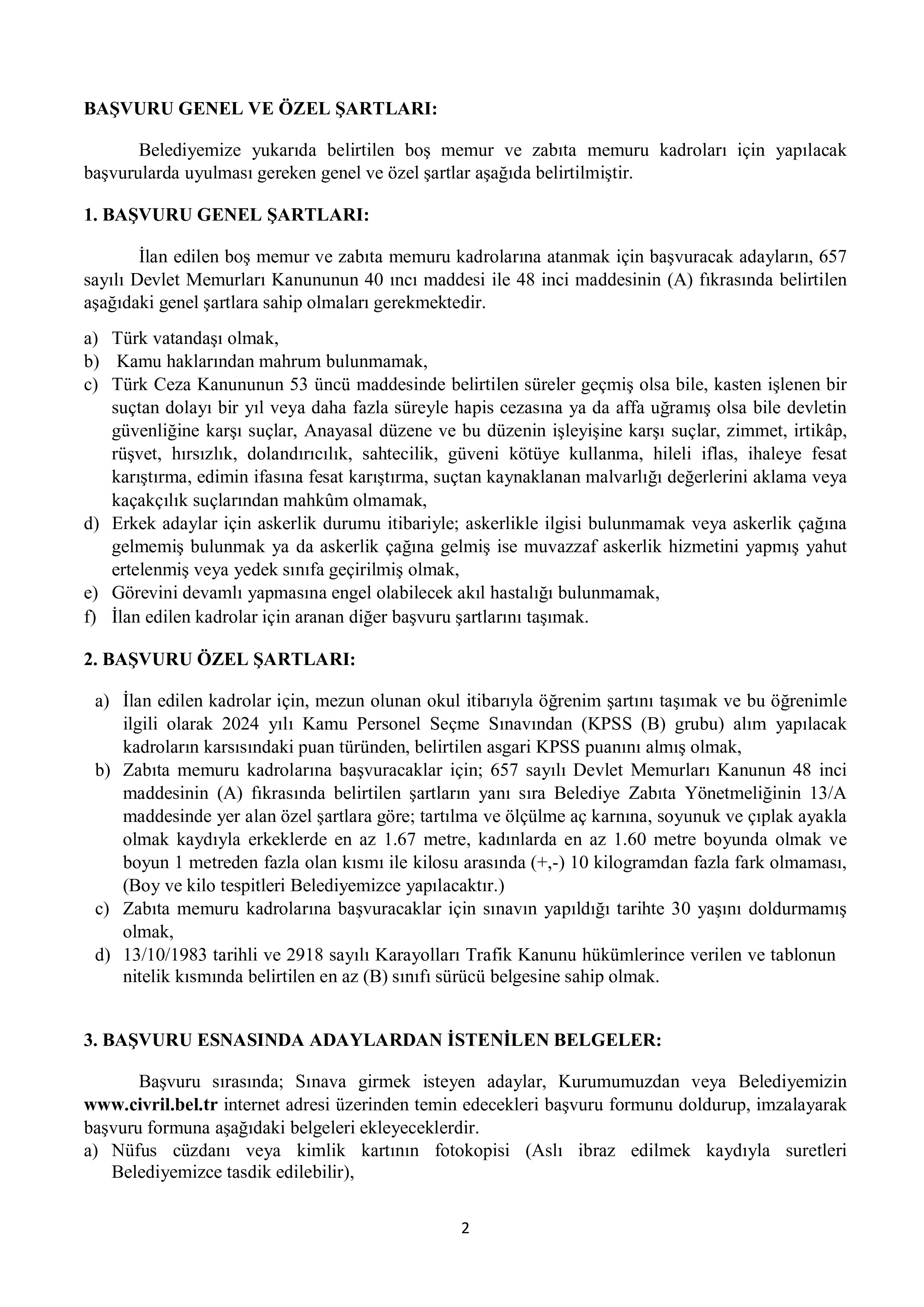 ÇİVRİL BELEDİYE BAŞKANLIĞI 7 MEMUR ALACAK ( 2 Haziran - 4 Haziran) İlan İçeriği Sayfa 2