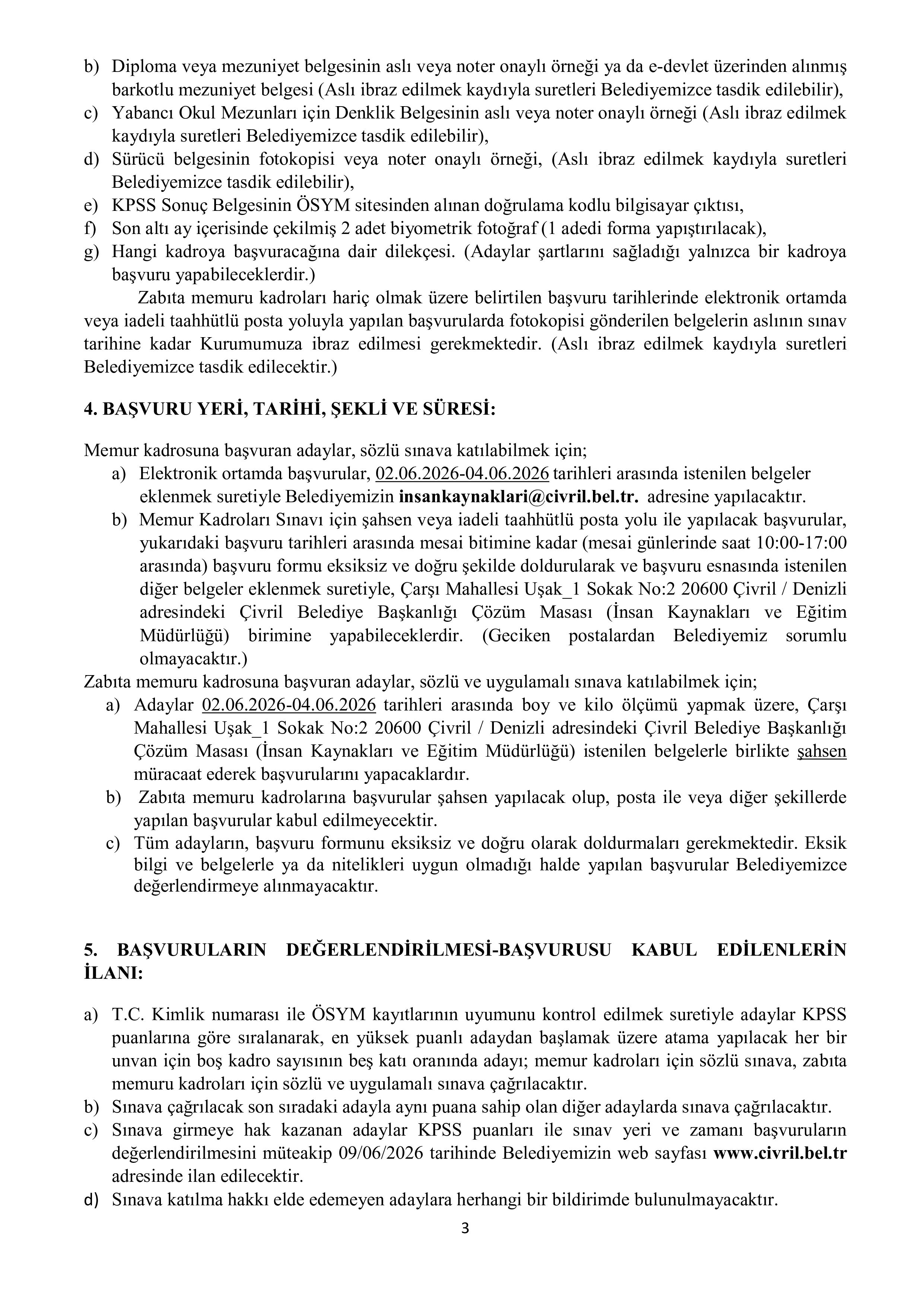 ÇİVRİL BELEDİYE BAŞKANLIĞI 7 MEMUR ALACAK ( 2 Haziran - 4 Haziran) İlan İçeriği Sayfa 3