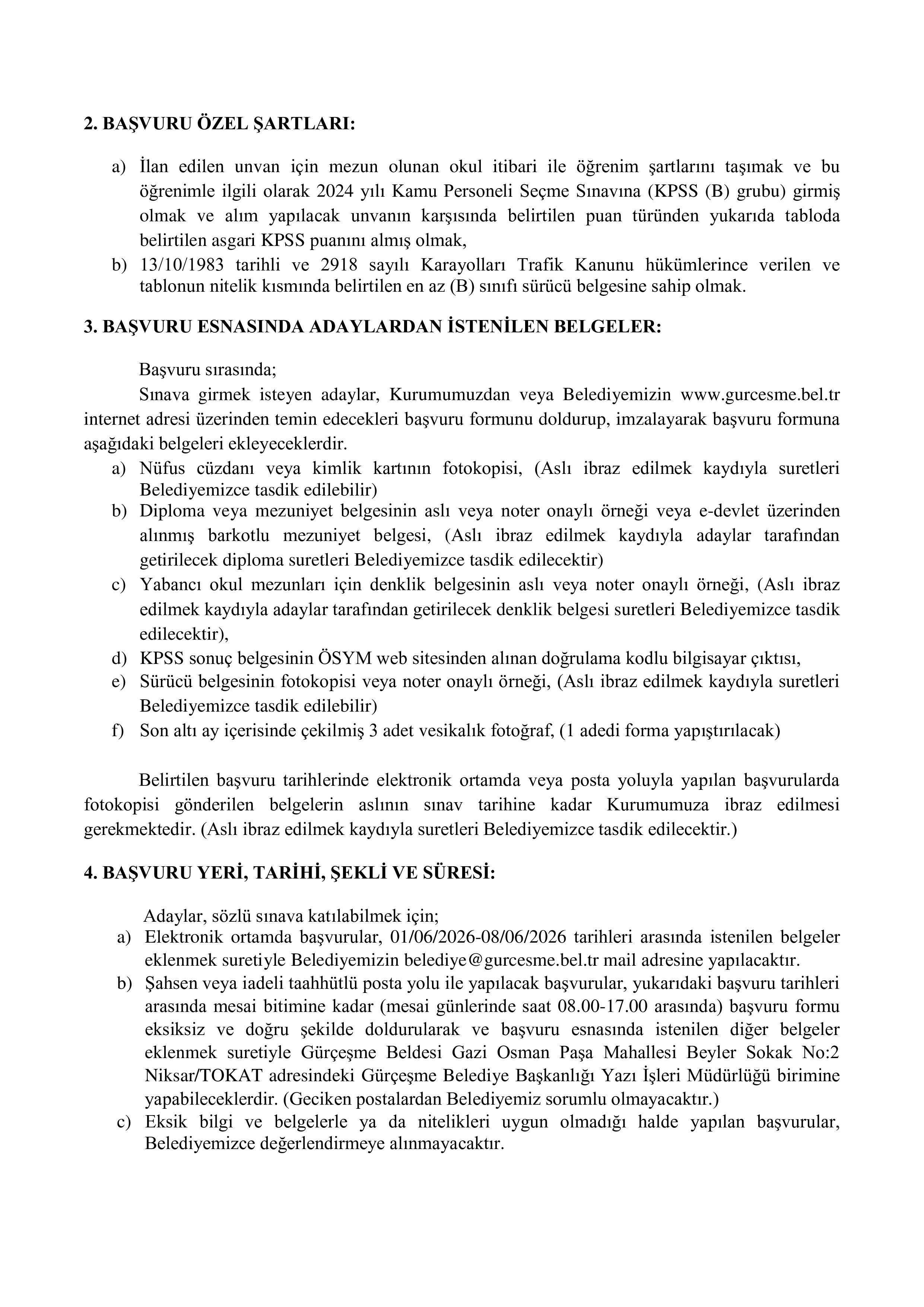 GÜRÇEŞME BELEDİYE BAŞKANLIĞI 1 MEMUR ALACAK ( 1 Haziran - 8 Haziran) İlan İçeriği Sayfa 2