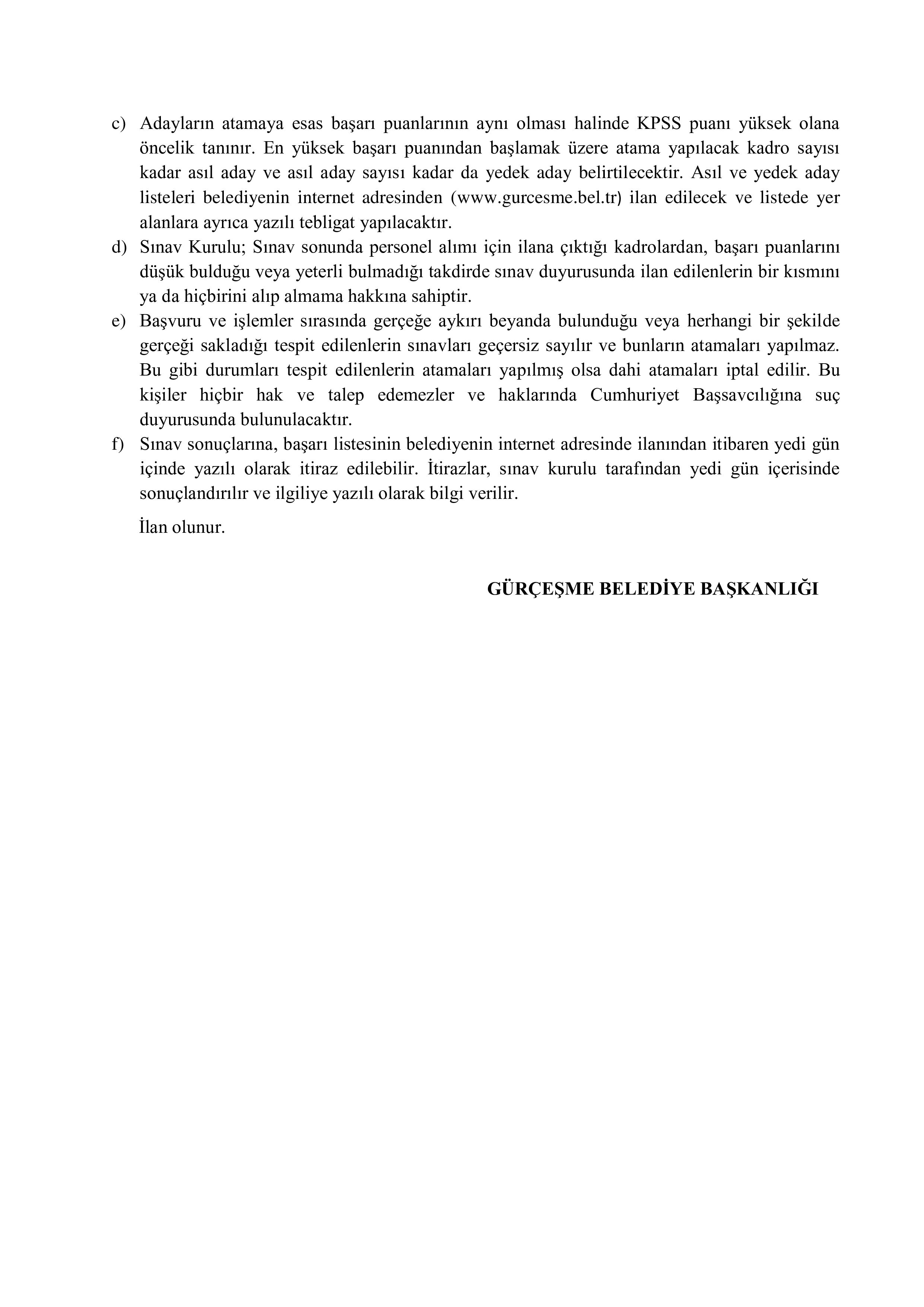 GÜRÇEŞME BELEDİYE BAŞKANLIĞI 1 MEMUR ALACAK ( 1 Haziran - 8 Haziran) İlan İçeriği Sayfa 4