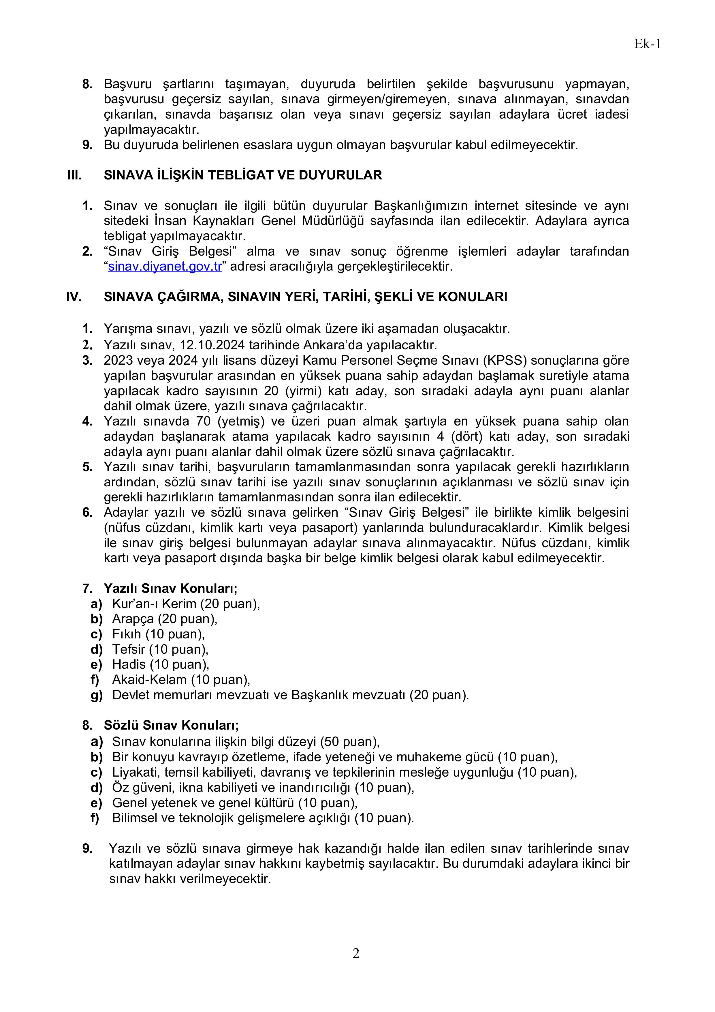 DİYANET İŞLERİ BAŞKANLIĞI 8 DİN İŞLERİ YÜKSEK KURULU UZMAN YARDIMCISI ALACAK ( 2 Eylül - 13 Eylül) İlan İçeriği Sayfa 2