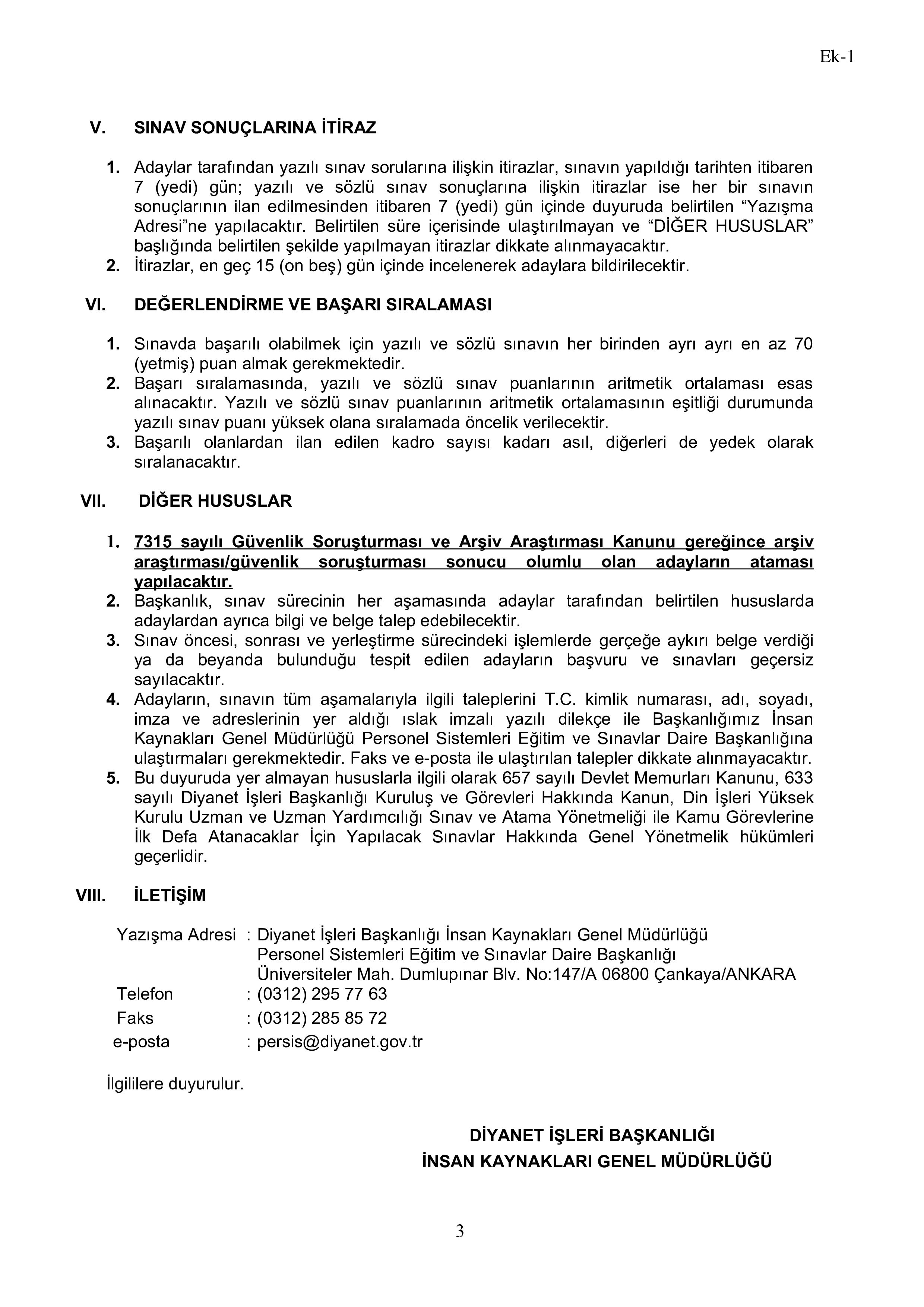 DİYANET İŞLERİ BAŞKANLIĞI 8 DİN İŞLERİ YÜKSEK KURULU UZMAN YARDIMCISI ALACAK ( 2 Eylül - 13 Eylül) İlan İçeriği Sayfa 3