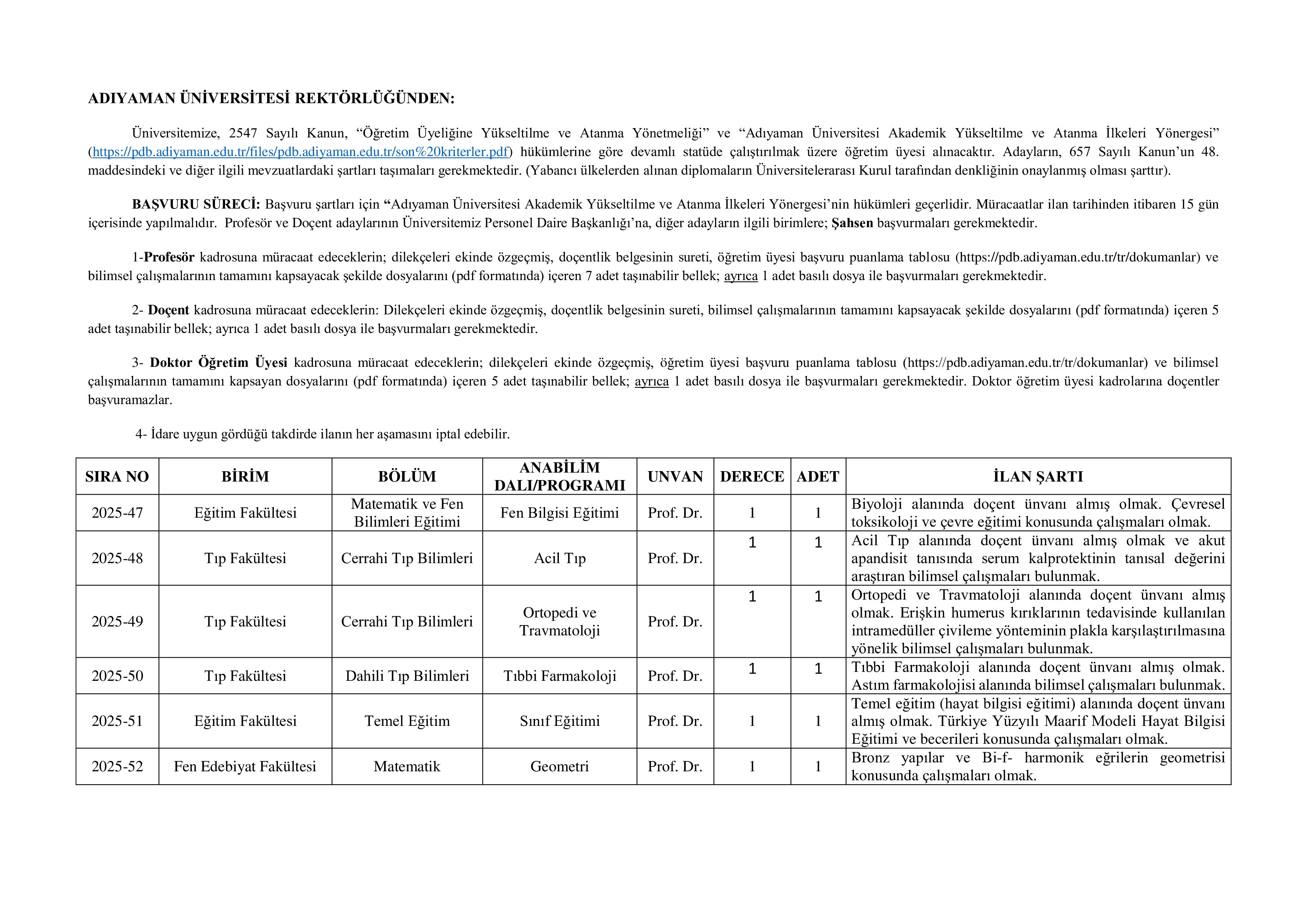 ADIYAMAN ÜNİVERSİTESİ 31 ÖĞRETİM ÜYESİ ALACAK ( 23 Aralık - 6 Ocak) İlan İçeriği Sayfa 1