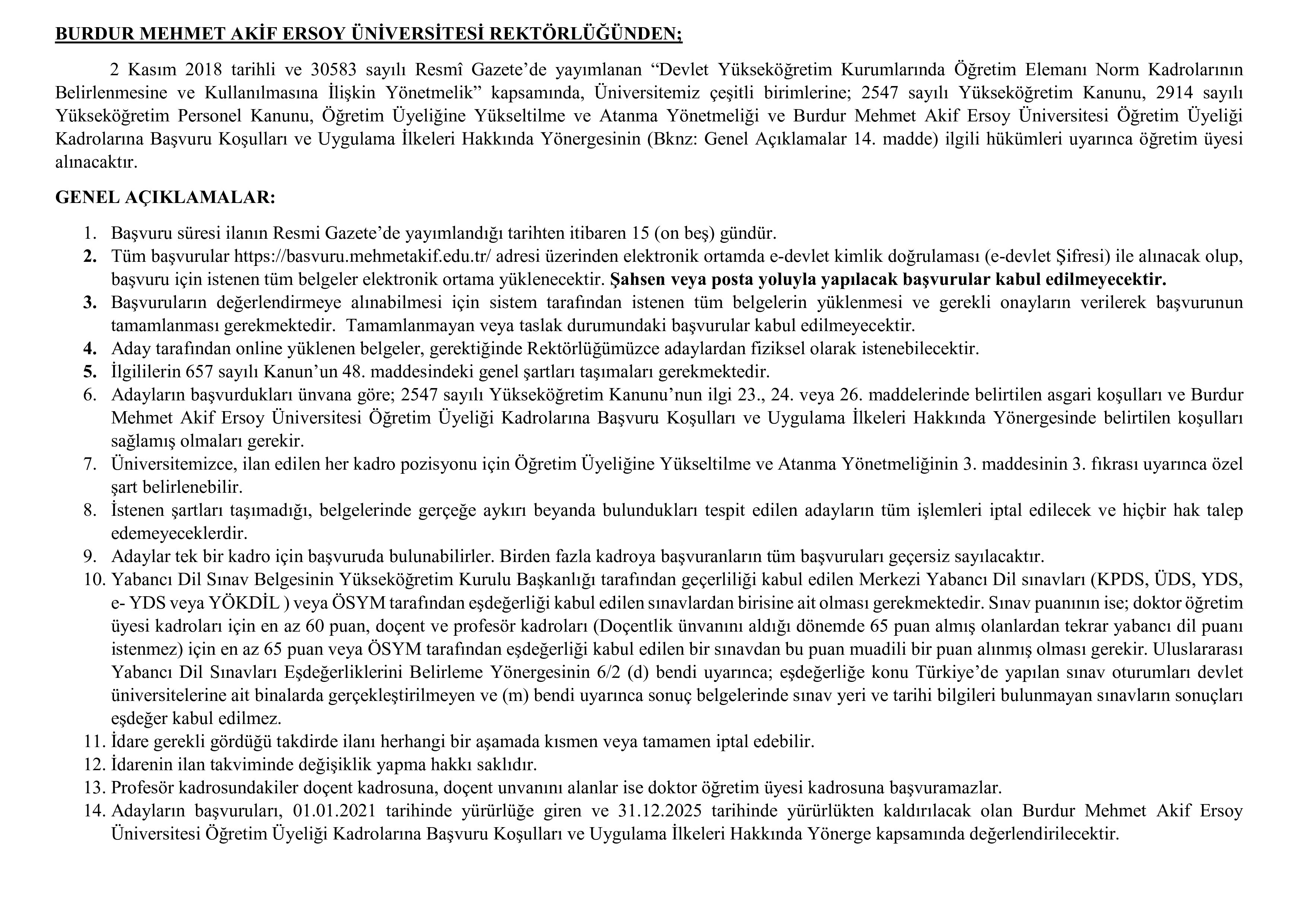 BURDUR MEHMET AKİF ERSOY ÜNİVERSİTESİ 67 ÖĞRETİM ÜYESİ ALACAK ( 23 Aralık - 6 Ocak) İlan İçeriği Sayfa 1