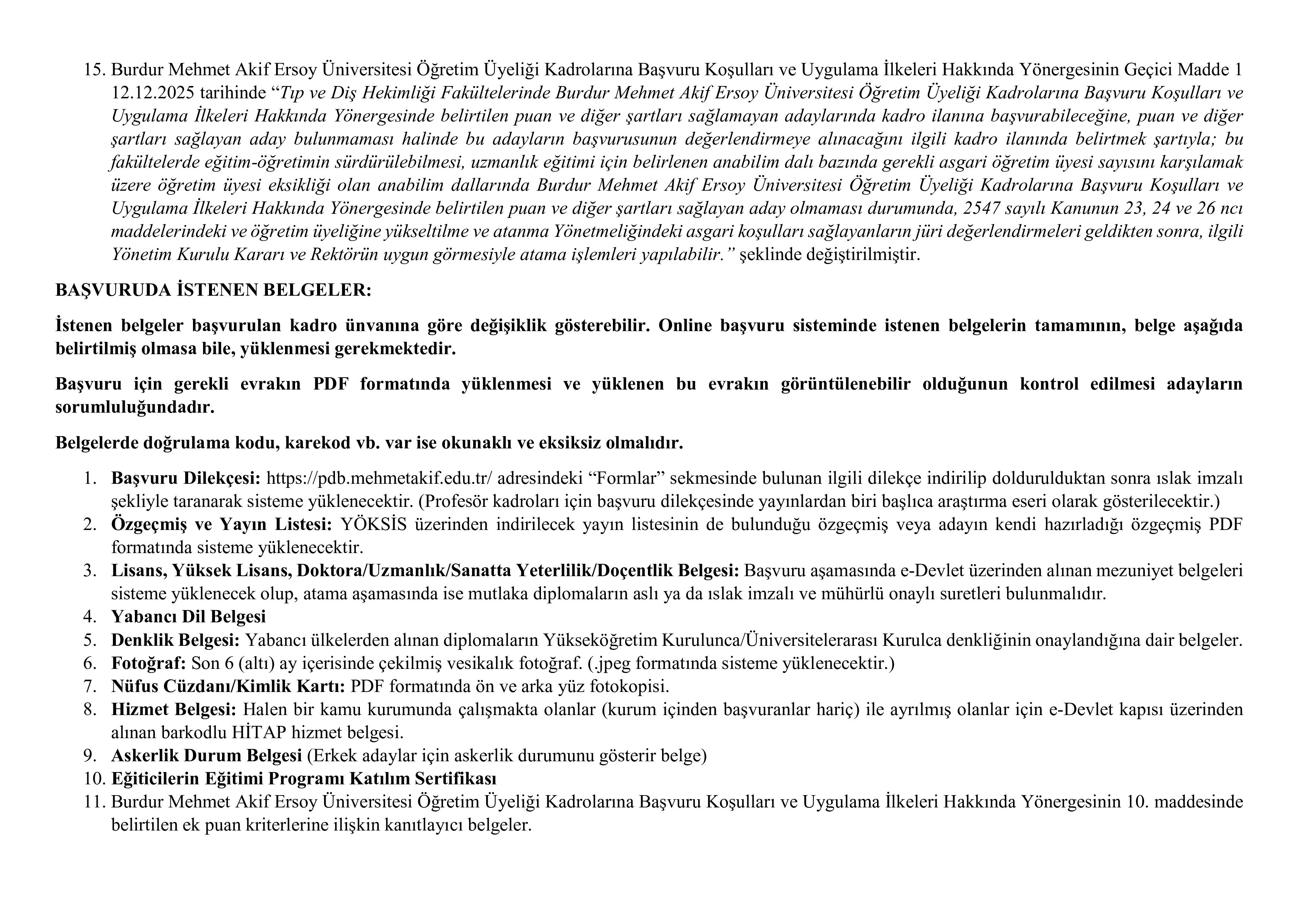 BURDUR MEHMET AKİF ERSOY ÜNİVERSİTESİ 67 ÖĞRETİM ÜYESİ ALACAK ( 23 Aralık - 6 Ocak) İlan İçeriği Sayfa 2