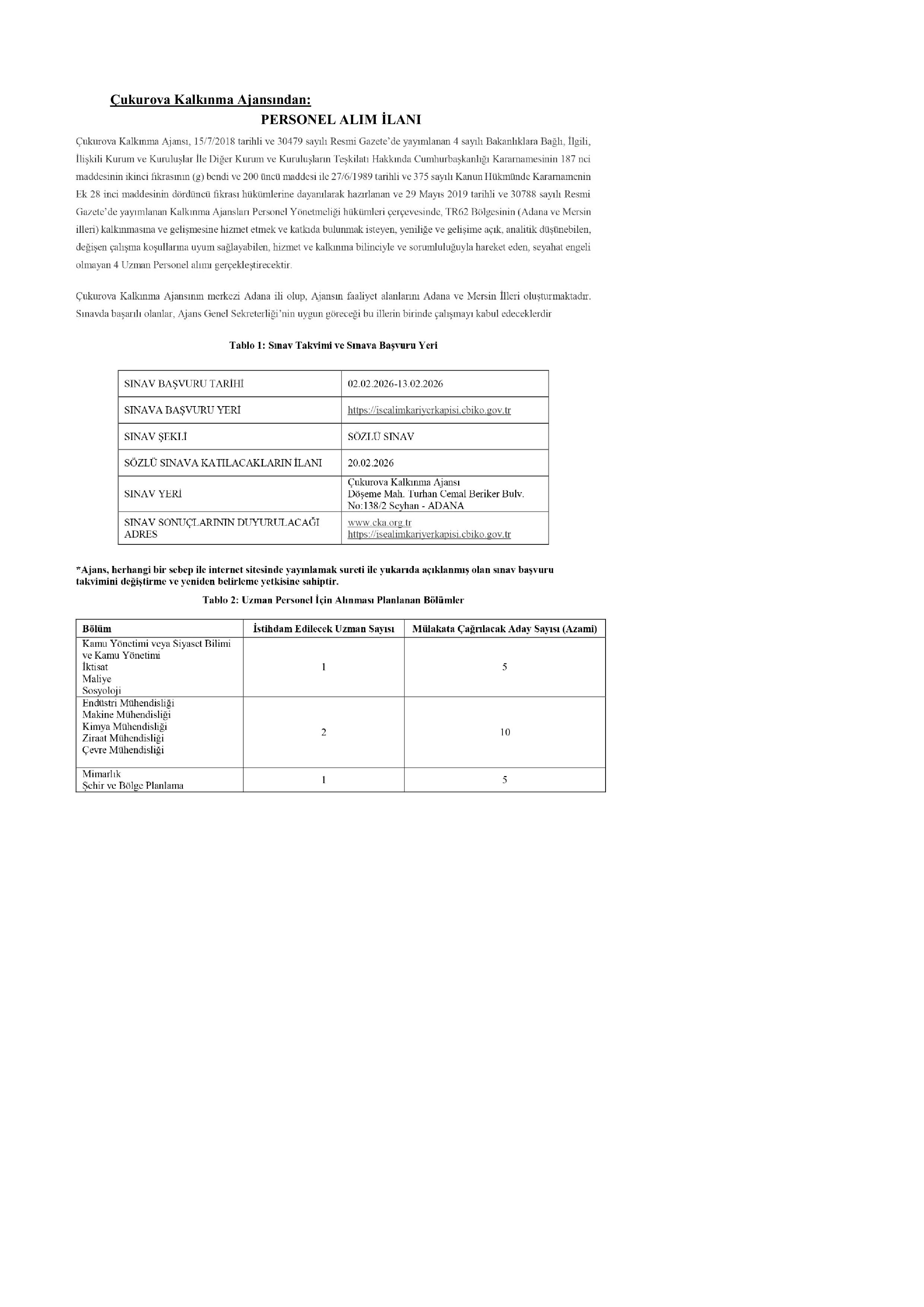 ÇUKUROVA KALKINMA AJANSI 4  UZMAN ALACAK ( 2 Şubat - 13 Şubat) İlan İçeriği Sayfa 1
