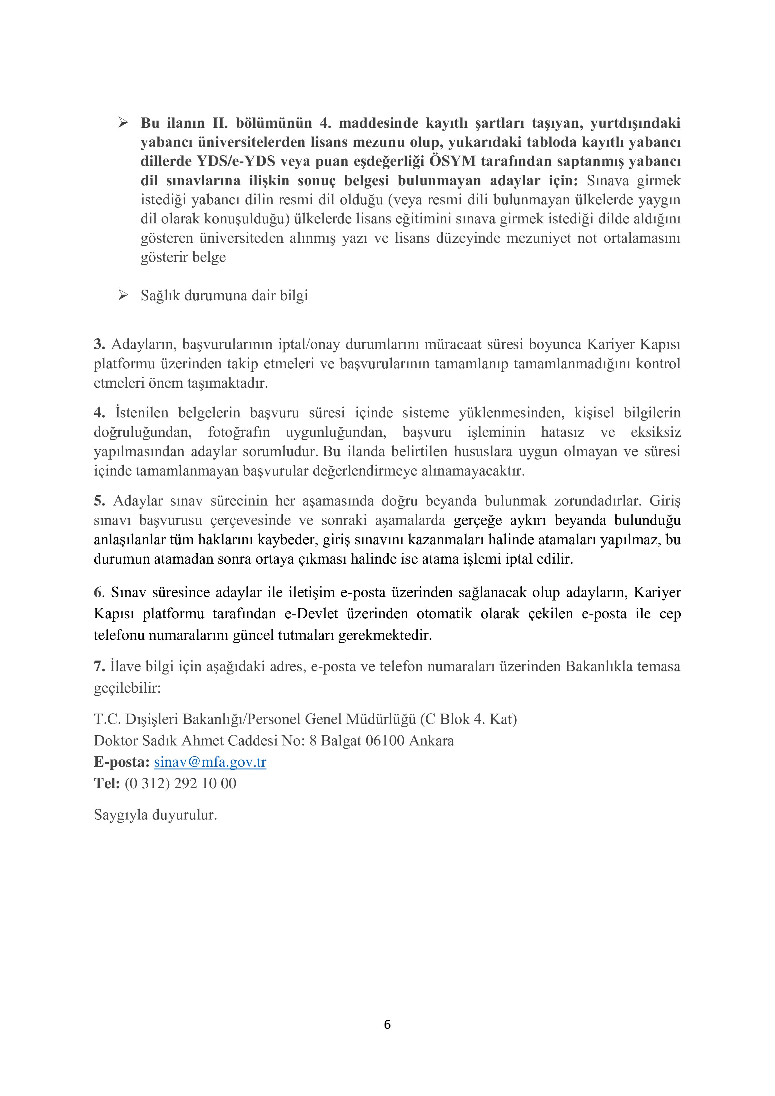 DIŞİŞLERİ BAKANLIĞI 97 ADAY MESLEK MEMURU ALACAK ( 13 Ocak - 28 Ocak) İlan İçeriği Sayfa 6