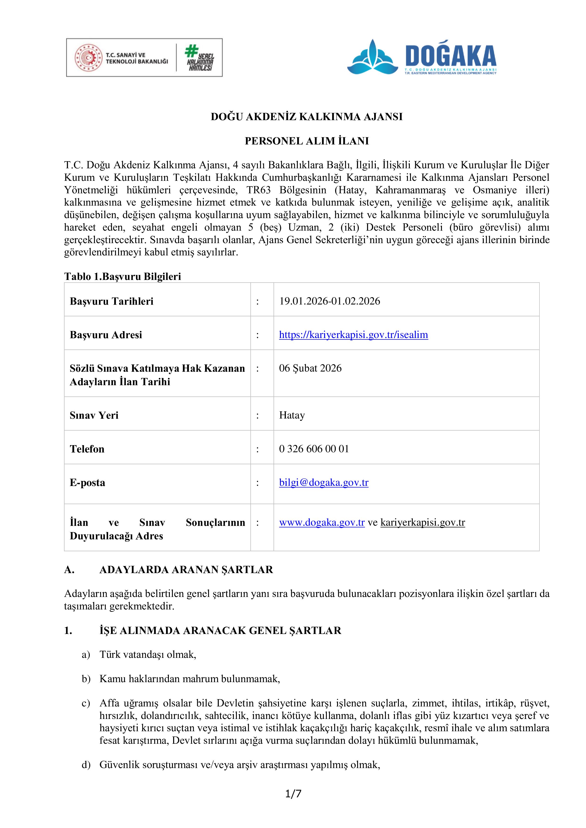 DOĞU AKDENİZ KALKINMA AJANSI 7 SÖZLEŞMELİ PERSONEL ALACAK ( 19 Ocak - 1 Şubat) İlan İçeriği Sayfa 1