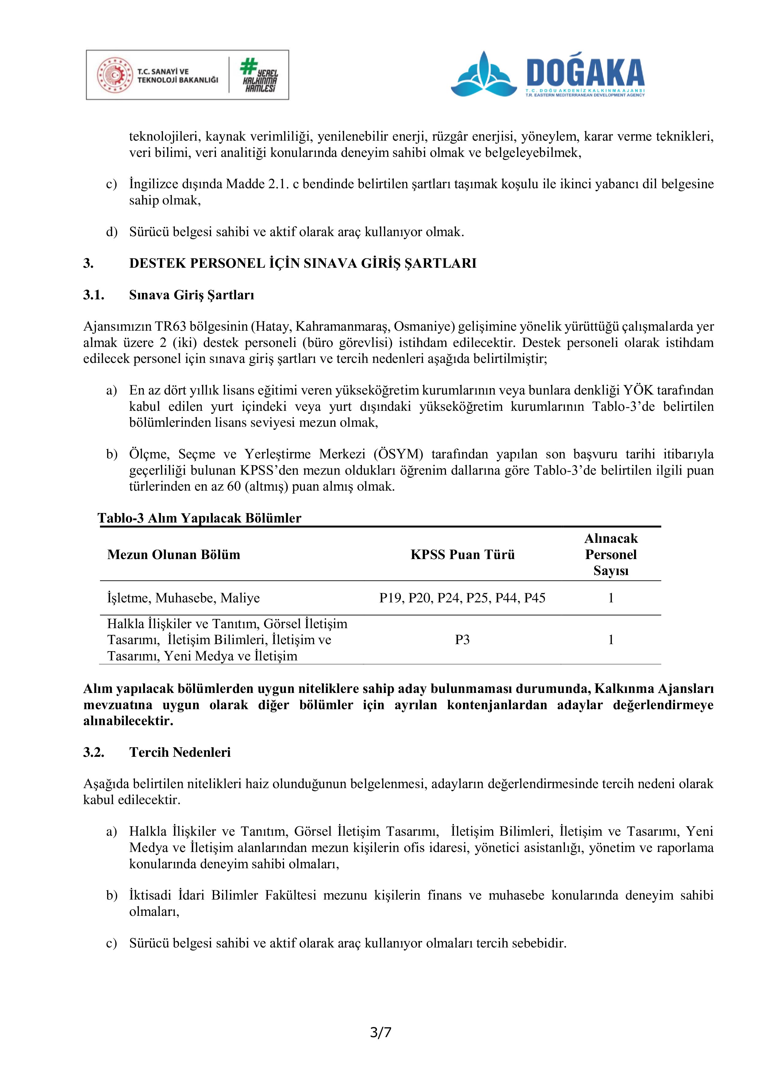 DOĞU AKDENİZ KALKINMA AJANSI 7 SÖZLEŞMELİ PERSONEL ALACAK ( 19 Ocak - 1 Şubat) İlan İçeriği Sayfa 3