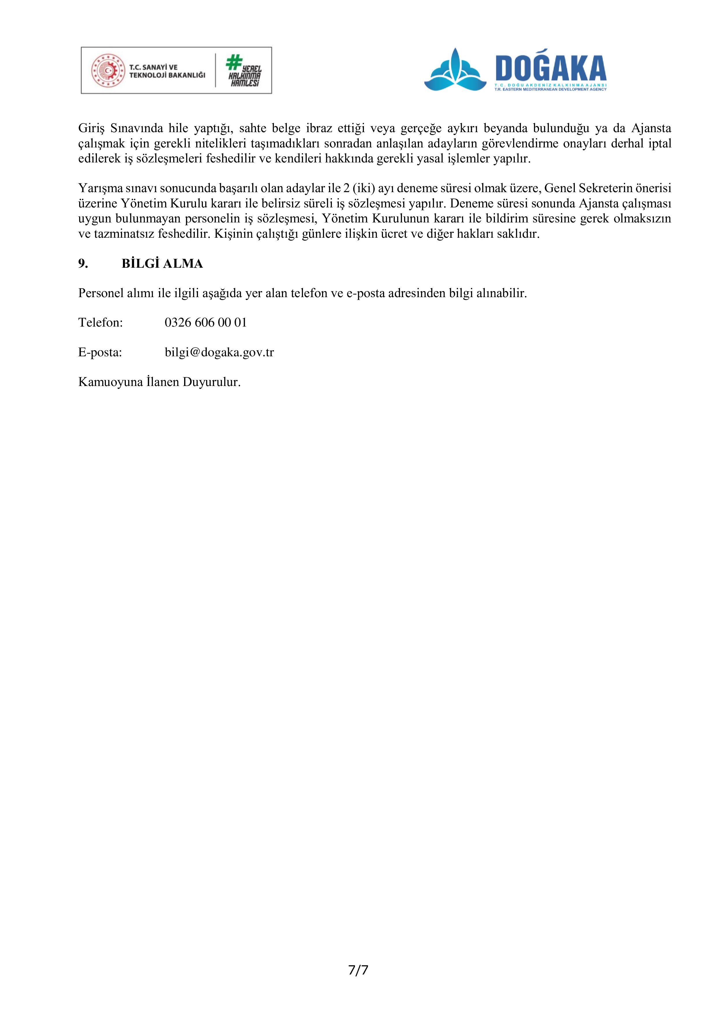 DOĞU AKDENİZ KALKINMA AJANSI 7 SÖZLEŞMELİ PERSONEL ALACAK ( 19 Ocak - 1 Şubat) İlan İçeriği Sayfa 7