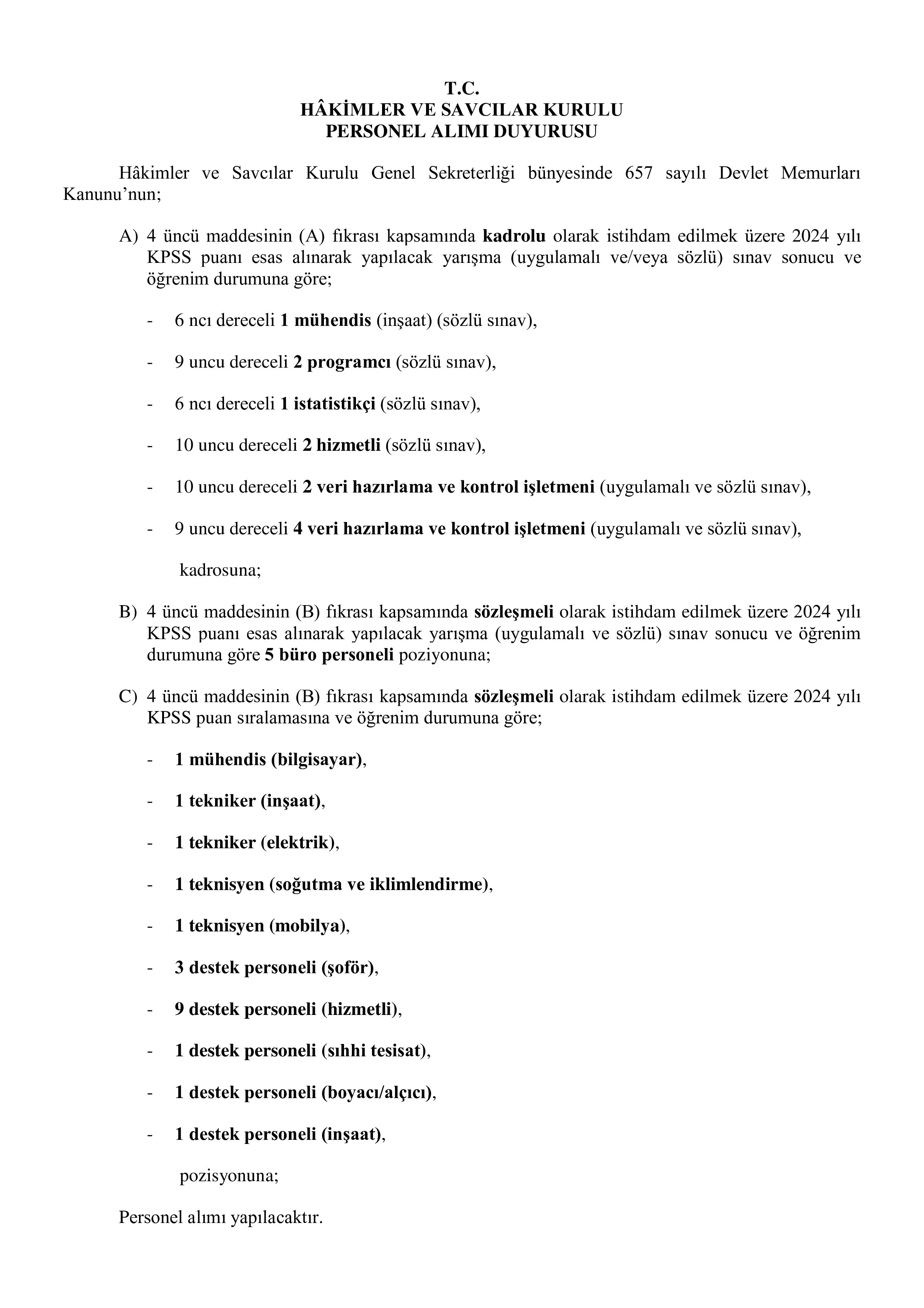 HAKİMLER VE SAVCILAR KURULU 37 PERSONEL ALIM İLANI ( 12 Ocak - 16 Ocak) İlan İçeriği Sayfa 1