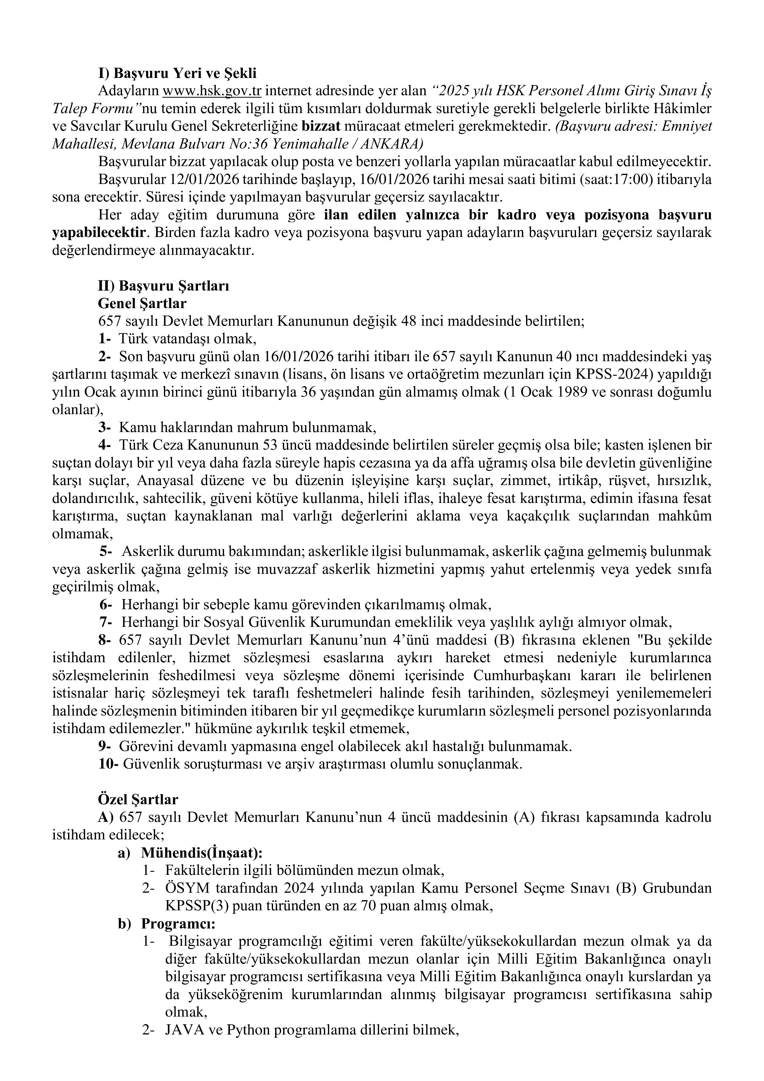 HAKİMLER VE SAVCILAR KURULU 37 PERSONEL ALIM İLANI ( 12 Ocak - 16 Ocak) İlan İçeriği Sayfa 2