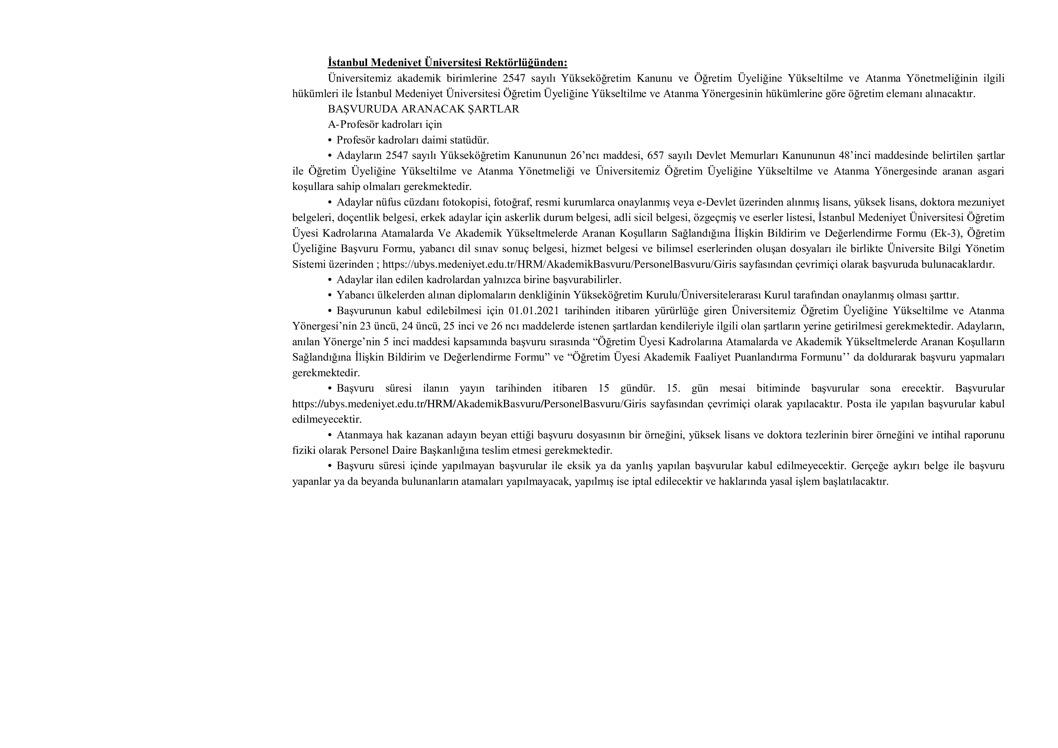İSTANBUL MEDENİYET ÜNİVERSİTESİ 22  ALACAK ( 23 Aralık - 6 Ocak) İlan İçeriği Sayfa 1