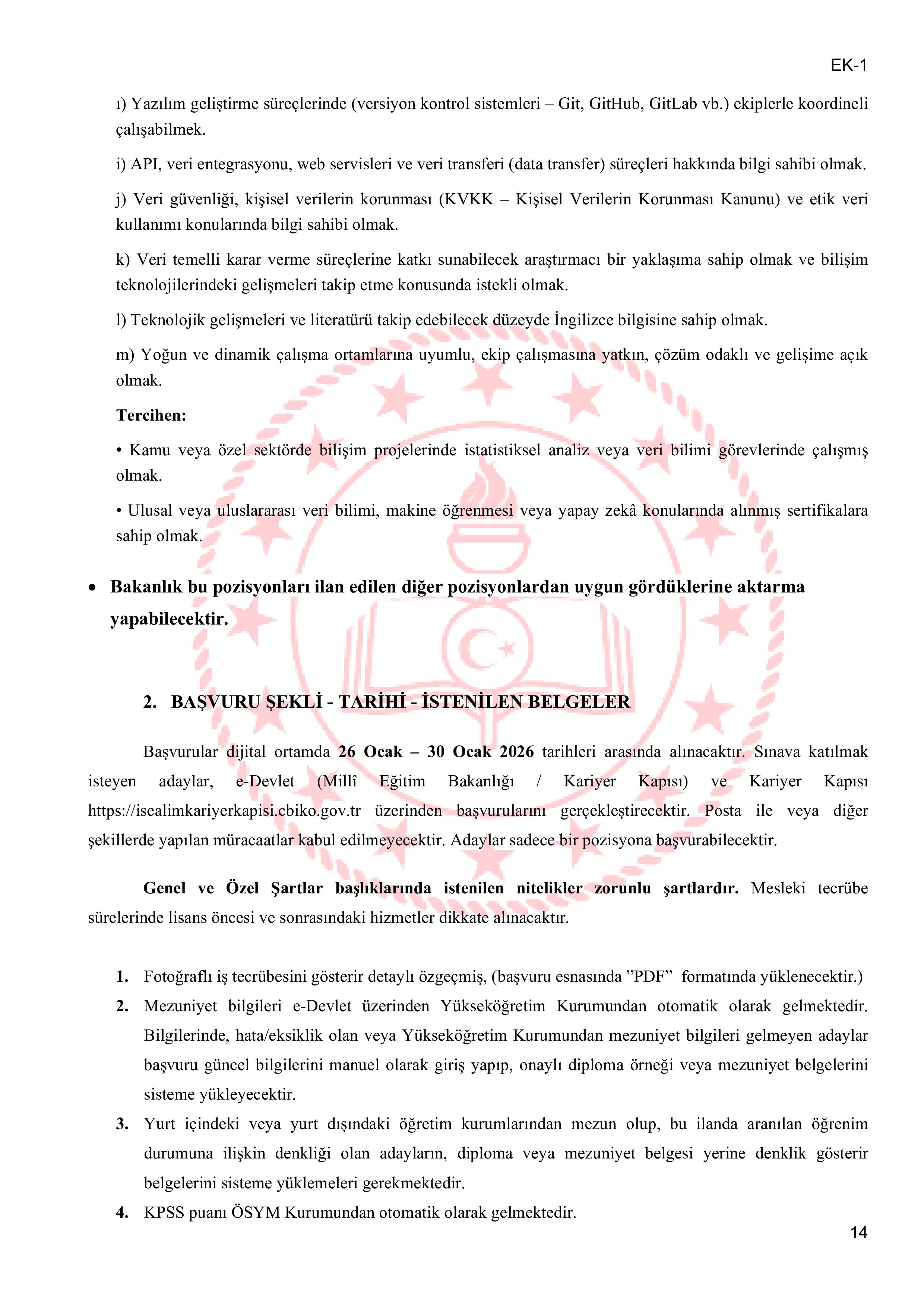 MİLLİ EĞİTİM BAKANLIĞI 14 SÖZLEŞMELİ BİLİŞİM PERSONELİ  ALACAK ( 26 Ocak - 30 Ocak) İlan İçeriği Sayfa 14