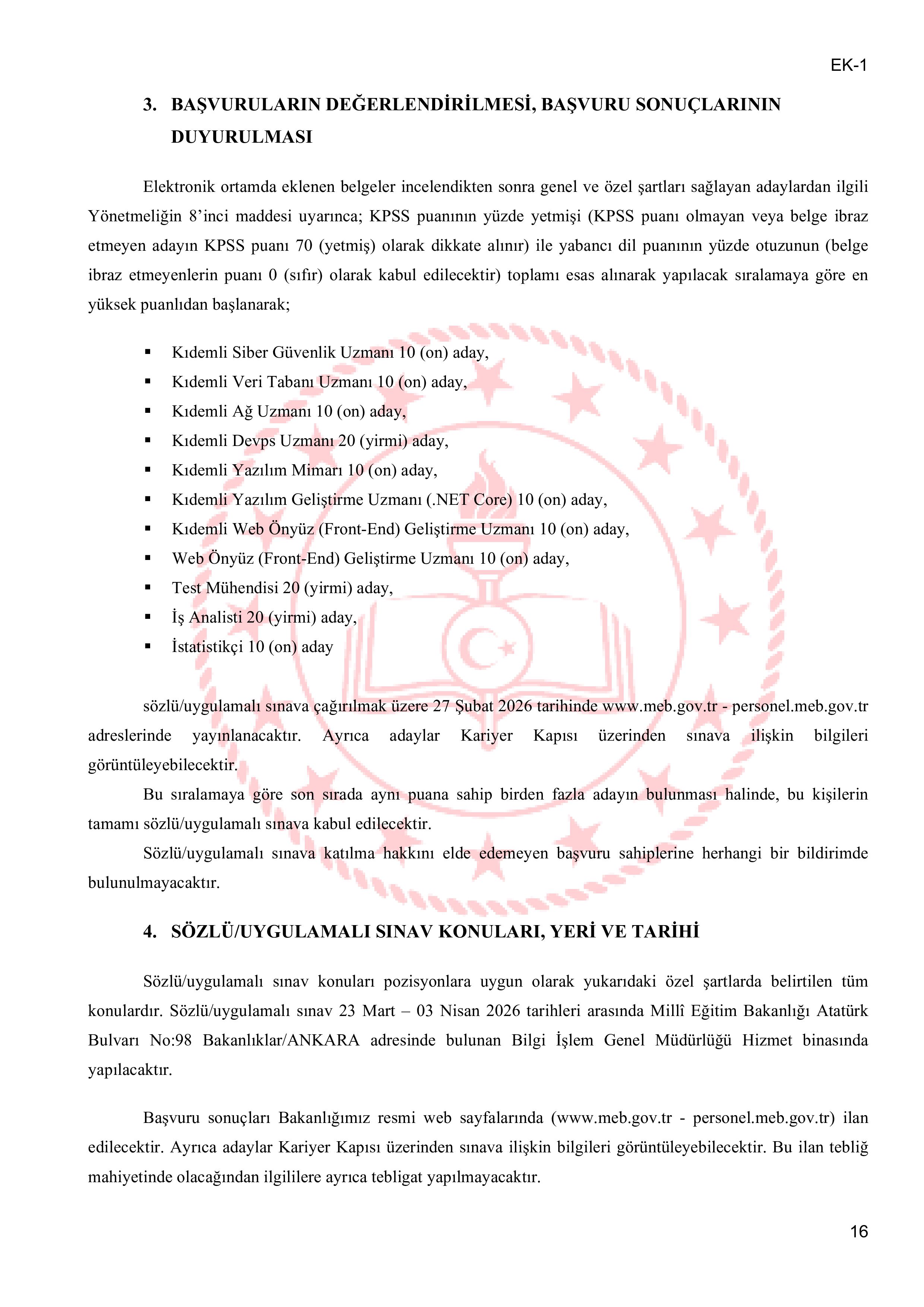 MİLLİ EĞİTİM BAKANLIĞI 14 SÖZLEŞMELİ BİLİŞİM PERSONELİ  ALACAK ( 26 Ocak - 30 Ocak) İlan İçeriği Sayfa 16