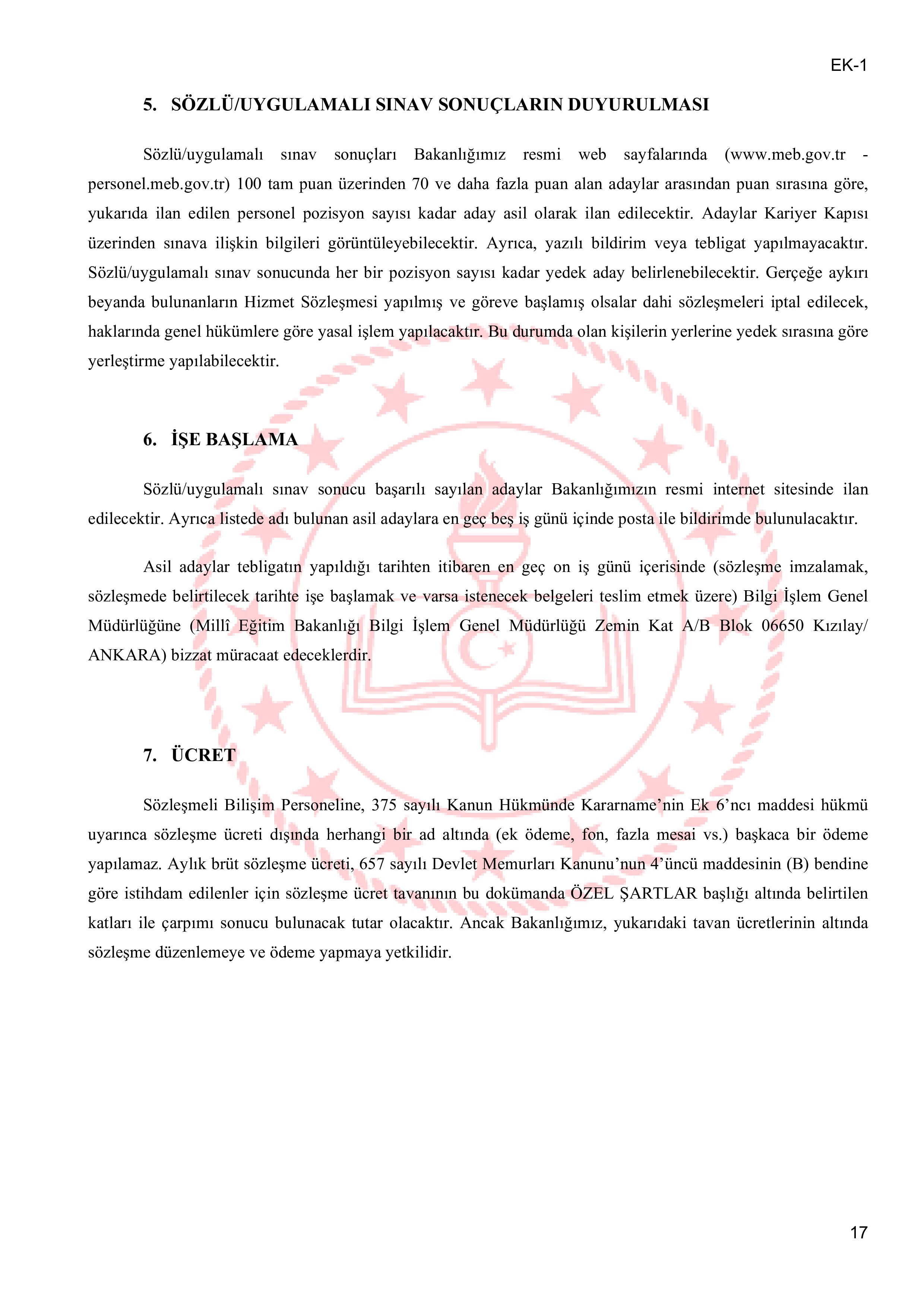 MİLLİ EĞİTİM BAKANLIĞI 14 SÖZLEŞMELİ BİLİŞİM PERSONELİ  ALACAK ( 26 Ocak - 30 Ocak) İlan İçeriği Sayfa 17