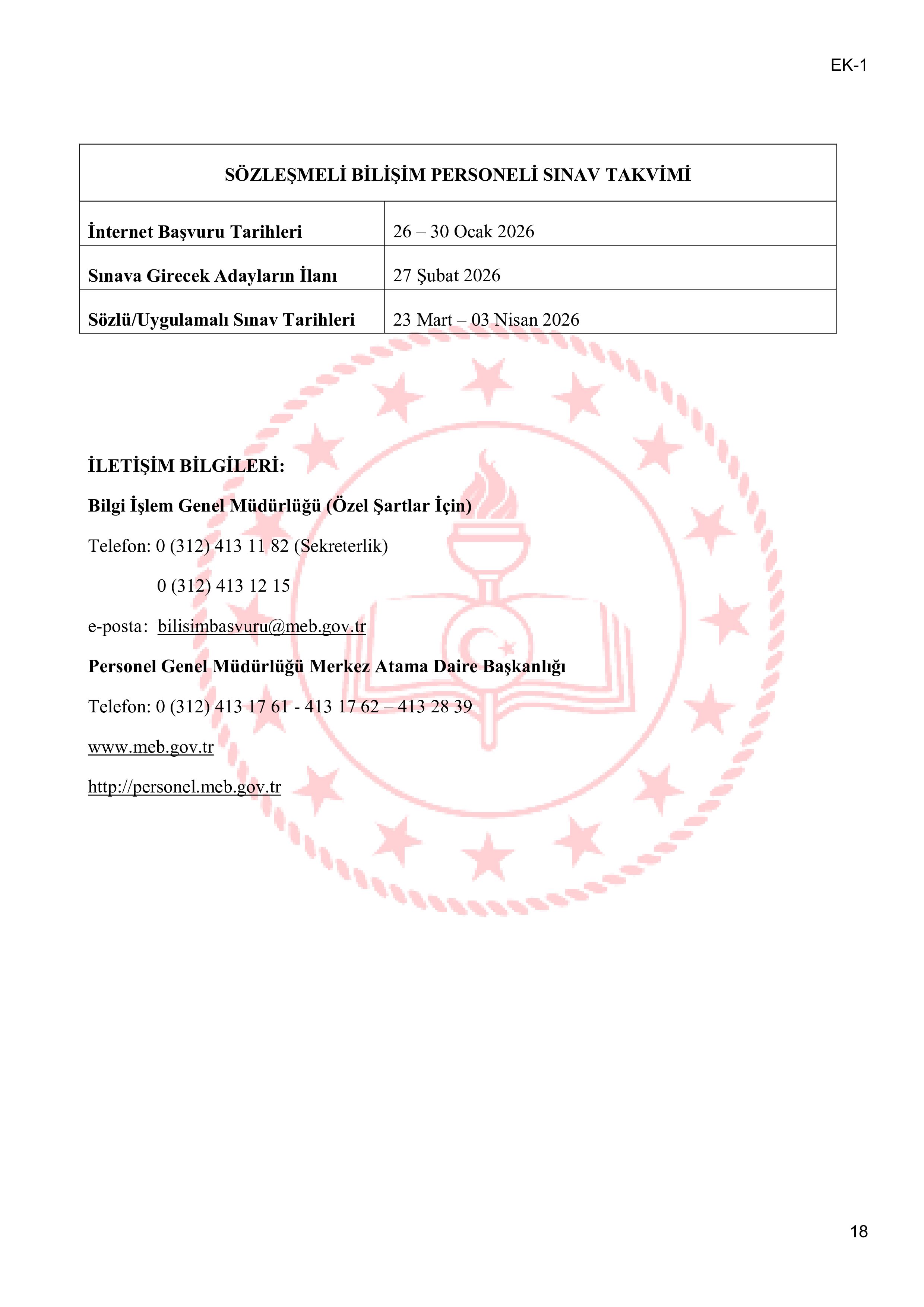MİLLİ EĞİTİM BAKANLIĞI 14 SÖZLEŞMELİ BİLİŞİM PERSONELİ  ALACAK ( 26 Ocak - 30 Ocak) İlan İçeriği Sayfa 18