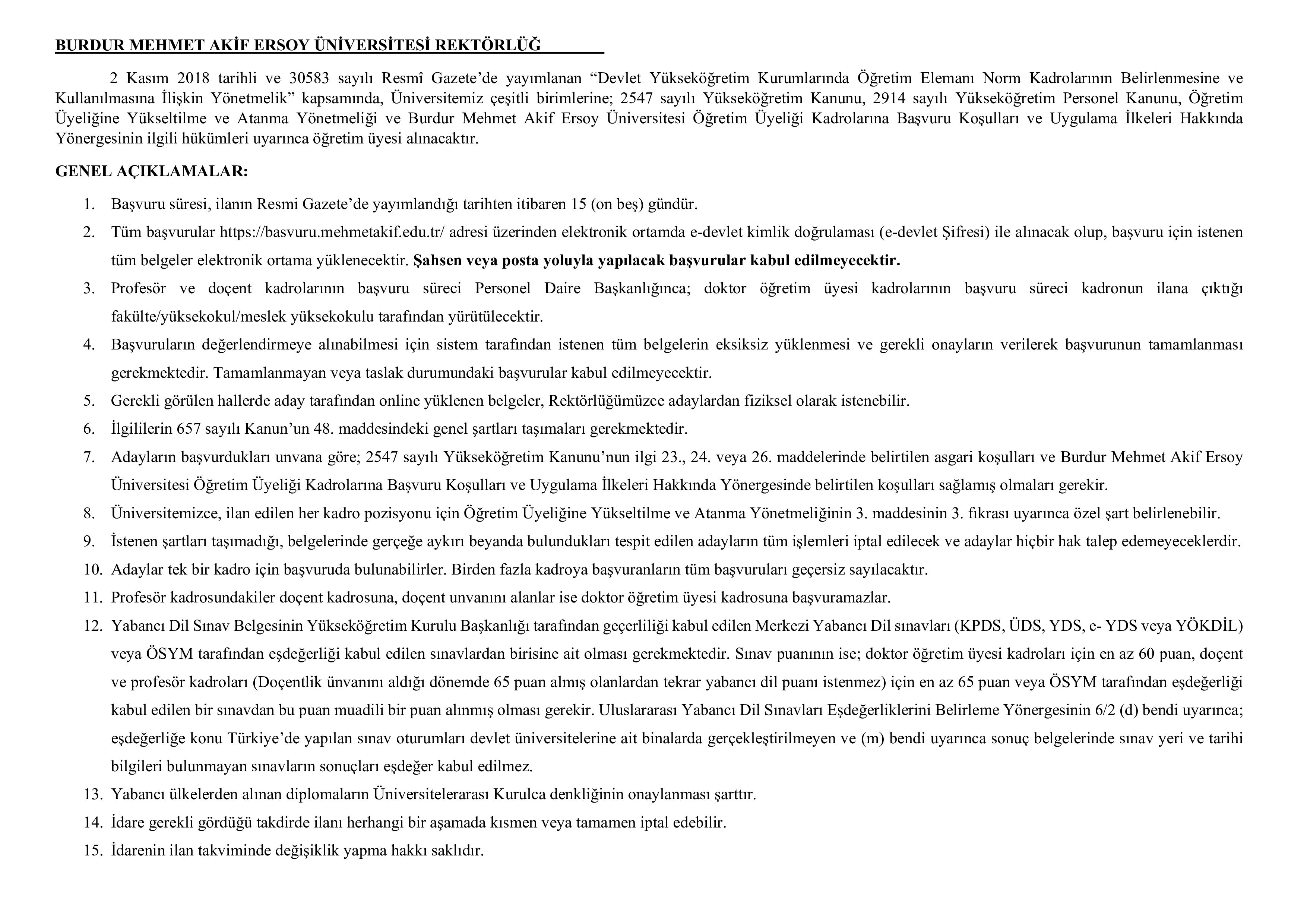 İlan İçeriği Sayfa 1 BURDUR MEHMET AKİF ERSOY ÜNİVERSİTESİ 24 ÖĞRETİM ÜYESİ ALACAK ( 23 Ekim - 6 Kasım) İlan İçeriği Sayfa 1