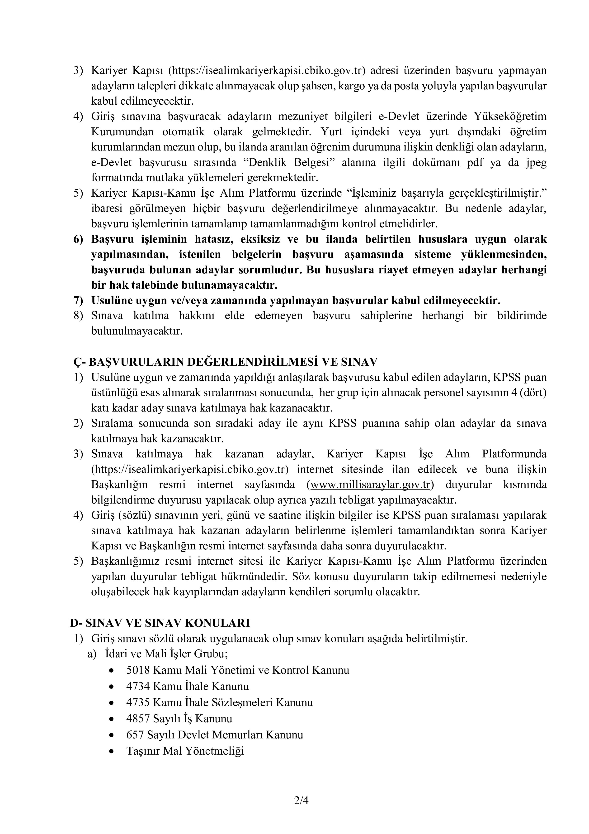MİLLİ SARAYLAR İDARESİ BAŞKANLIĞI 10 UZMAN YARDIMCISI ALACAK ( 23 Ekim - 20 Kasım) İlan İçeriği Sayfa 2