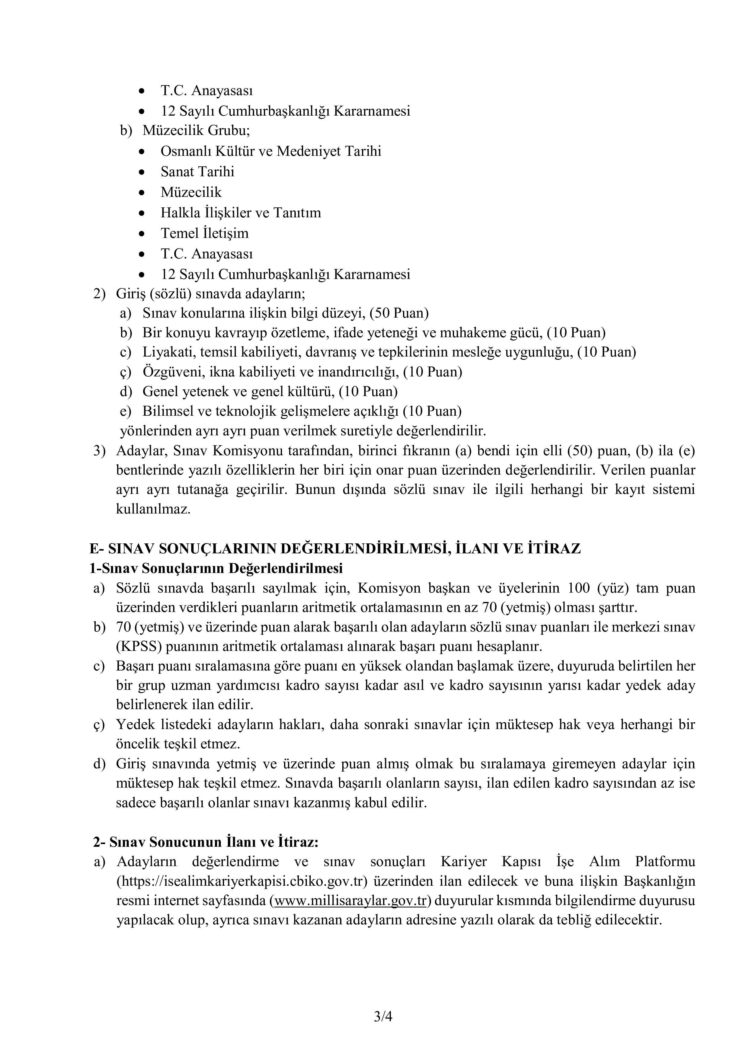 MİLLİ SARAYLAR İDARESİ BAŞKANLIĞI 10 UZMAN YARDIMCISI ALACAK ( 23 Ekim - 20 Kasım) İlan İçeriği Sayfa 3
