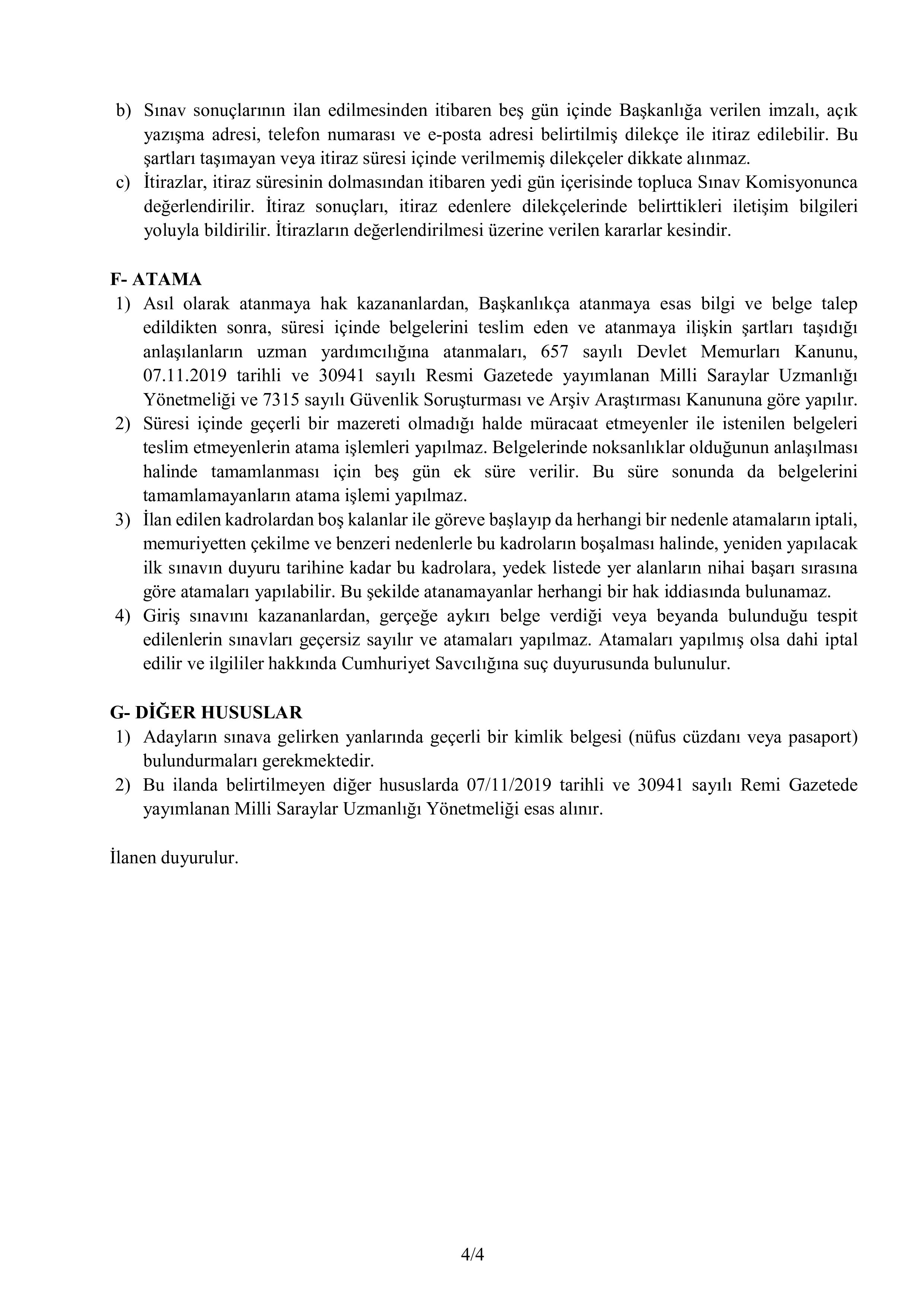MİLLİ SARAYLAR İDARESİ BAŞKANLIĞI 10 UZMAN YARDIMCISI ALACAK ( 23 Ekim - 20 Kasım) İlan İçeriği Sayfa 4