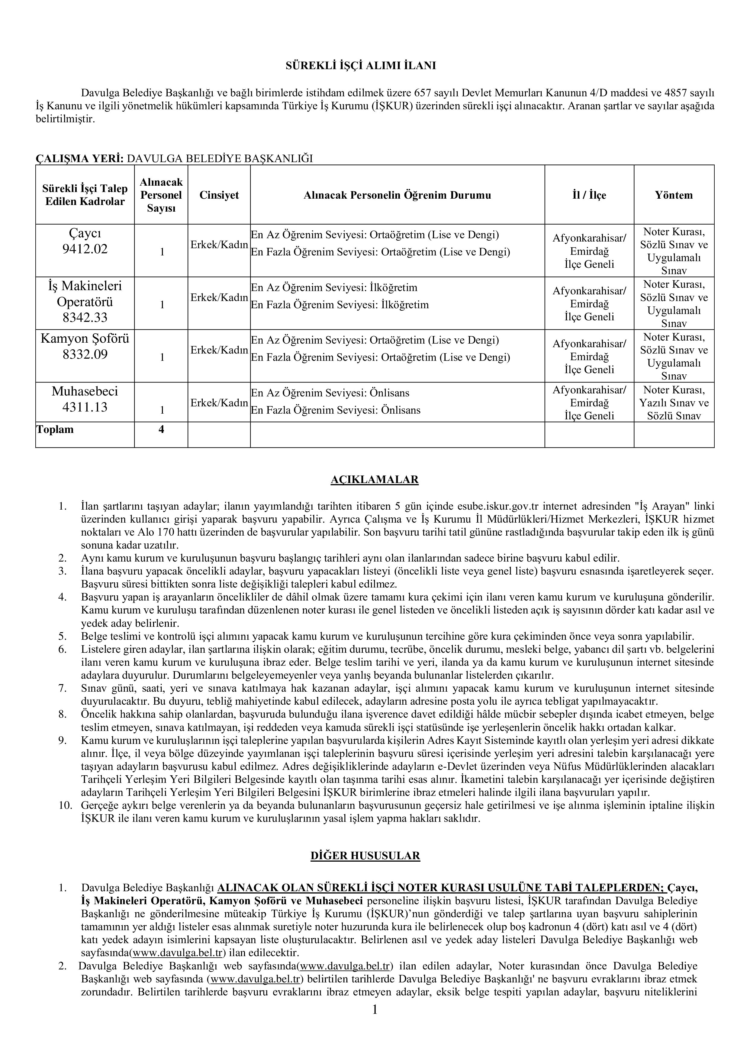 DAVULGA BELEDİYE BAŞKANLIĞI 4 SüREKLİ İŞÇİ ALACAK ( 26 Mart - 30 Mart) İlan İçeriği Sayfa 1