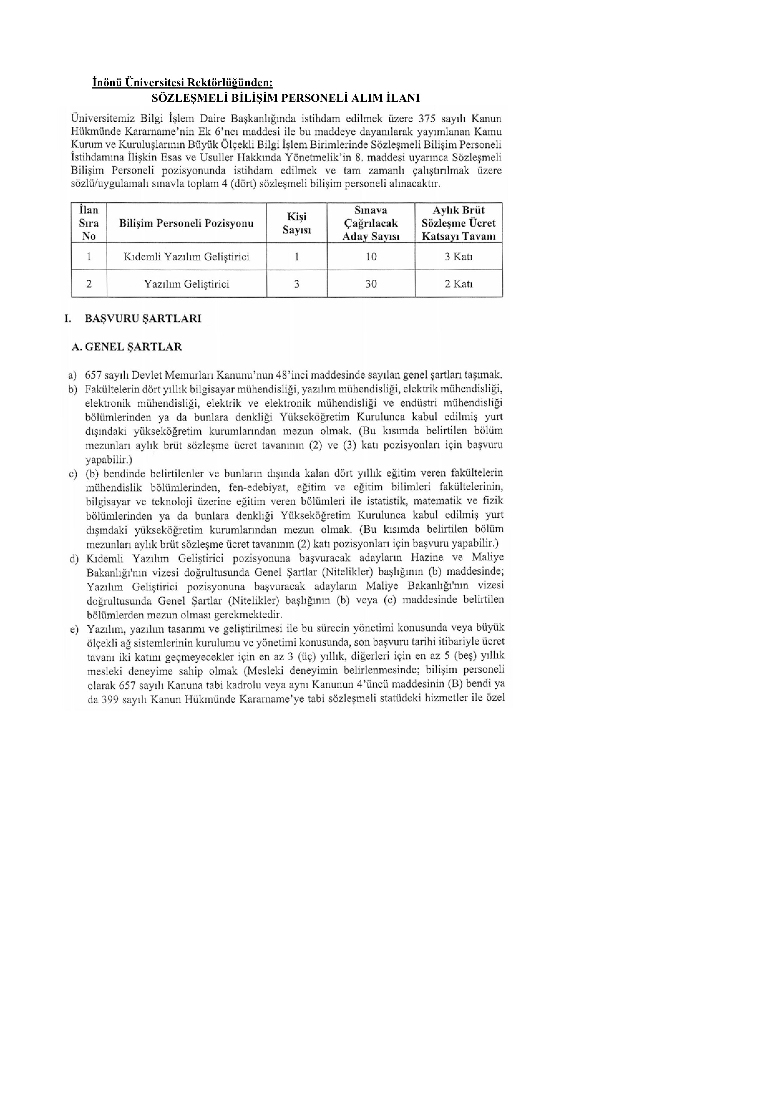 İNÖNÜ ÜNİVERSİTESİ 4  SÖZLEŞMELİ BİLİŞİM PERSONELİ ALACAK ( 23 Mart - 6 Nisan) İlan İçeriği Sayfa 1