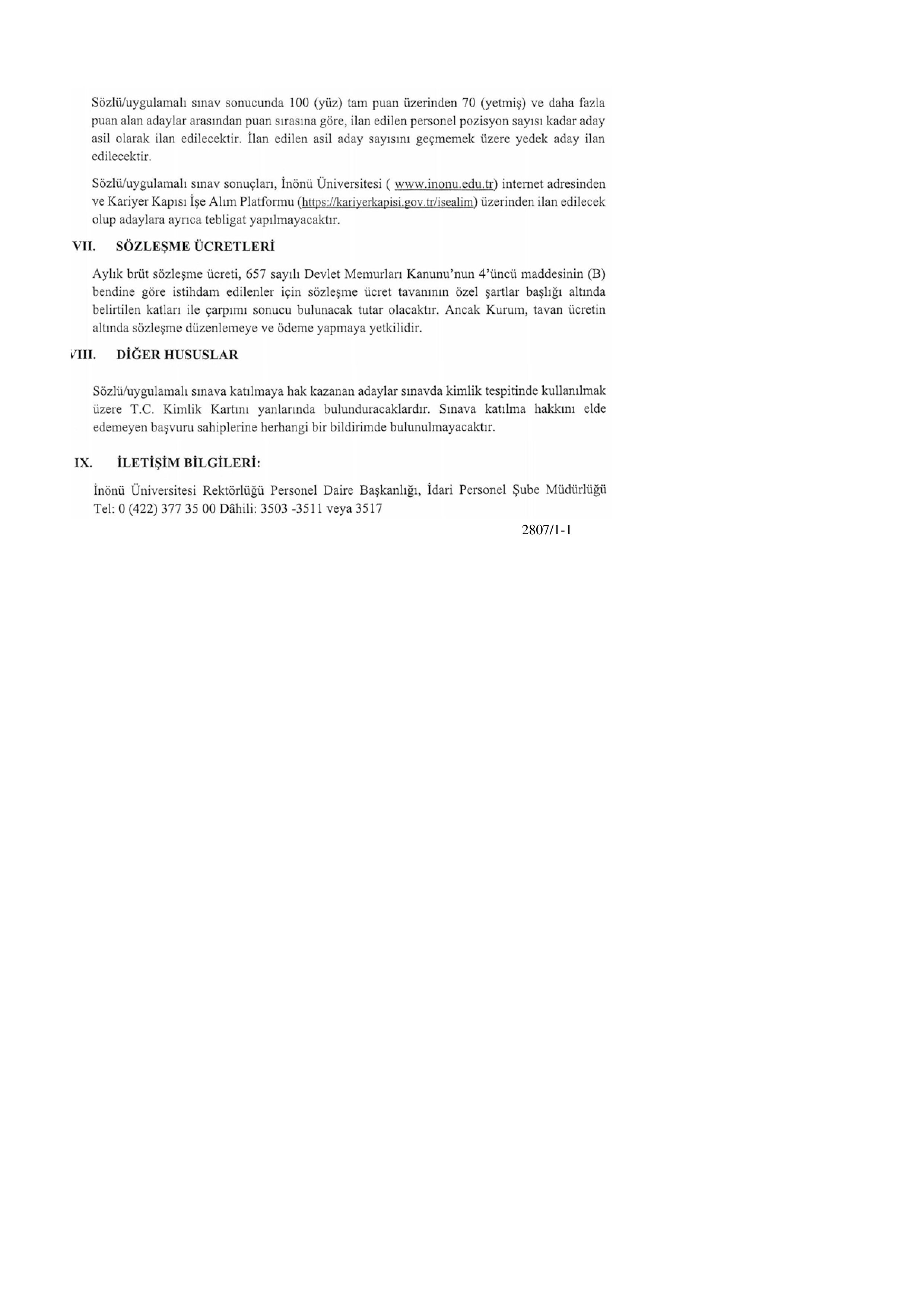 İNÖNÜ ÜNİVERSİTESİ 4  SÖZLEŞMELİ BİLİŞİM PERSONELİ ALACAK ( 23 Mart - 6 Nisan) İlan İçeriği Sayfa 5