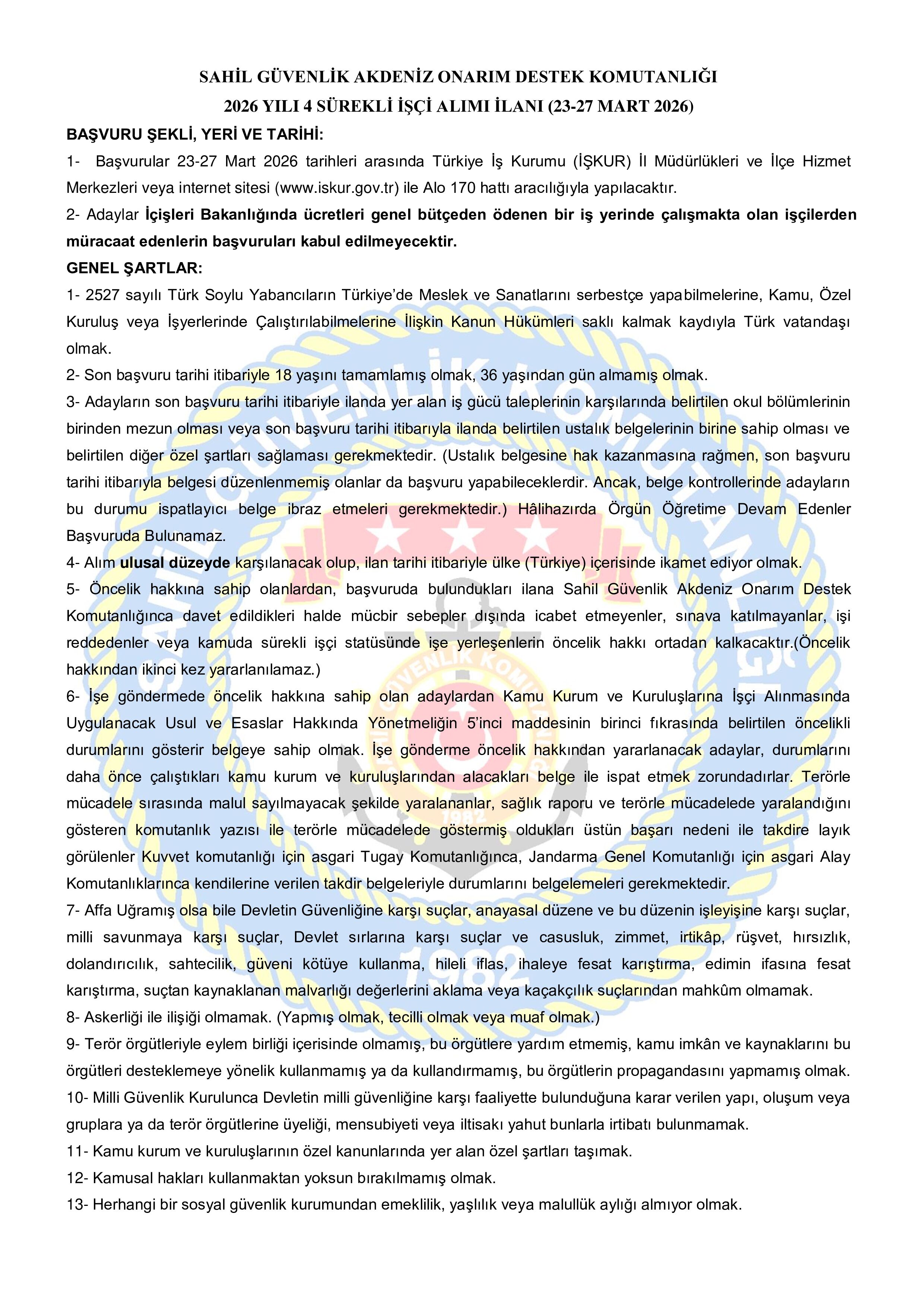 SAHİL GÜVENLİK KOMUTANLIĞI 4 SüREKLİ İŞÇİ ALACAK ( 23 Mart - 27 Mart) İlan İçeriği Sayfa 2