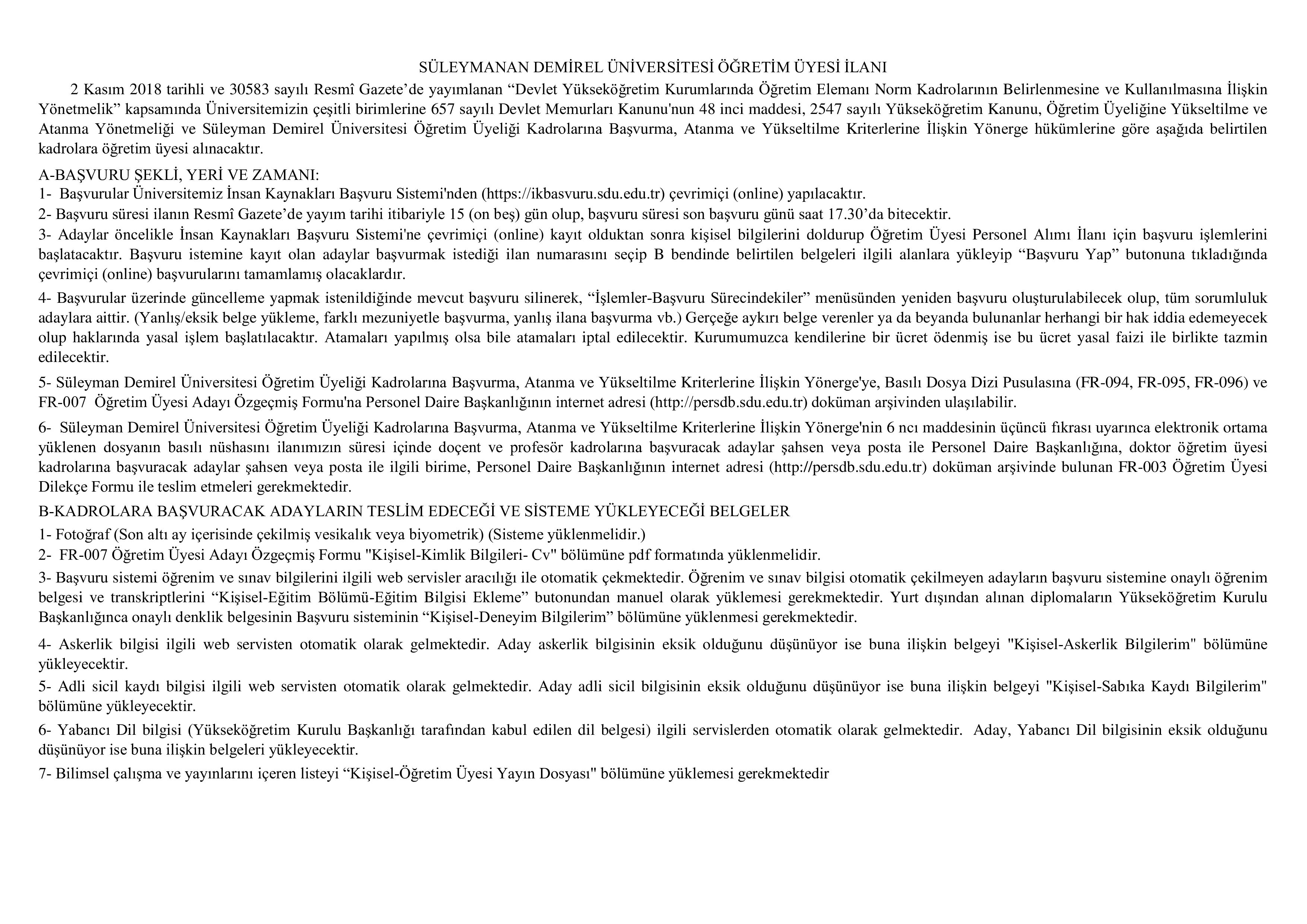 İlan İçeriği Sayfa 1 SÜLEYMAN DEMİREL ÜNİVERSİTESİ 26 ÖĞRETİM ÜYESİ ALACAK ( 23 Mart - 6 Nisan) İlan İçeriği Sayfa 1