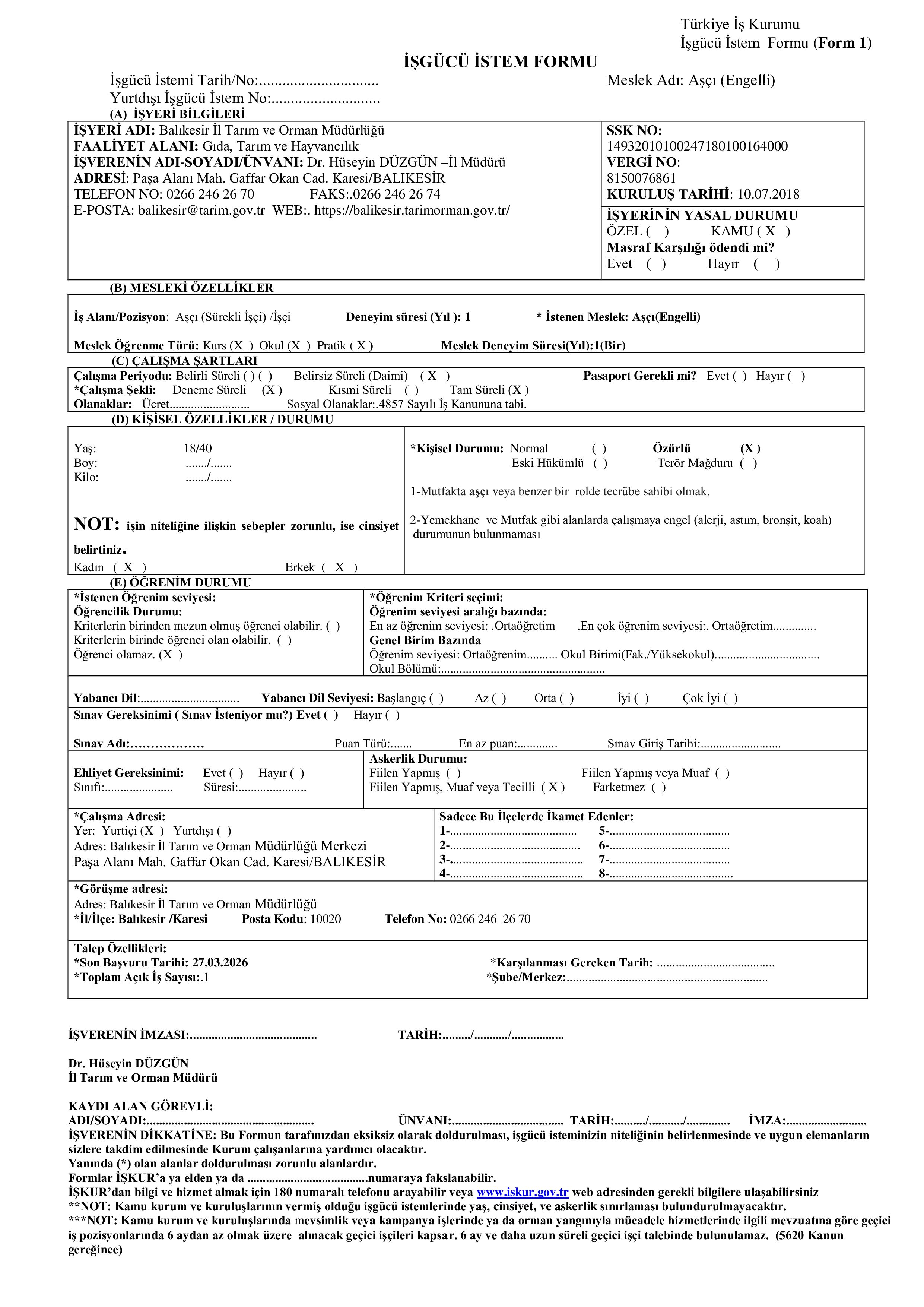 TARIM VE ORMAN BAKANLIĞI 1 ENGELLİ İŞÇİ ALACAK ( 23 Mart - 27 Mart) İlan İçeriği Sayfa 1