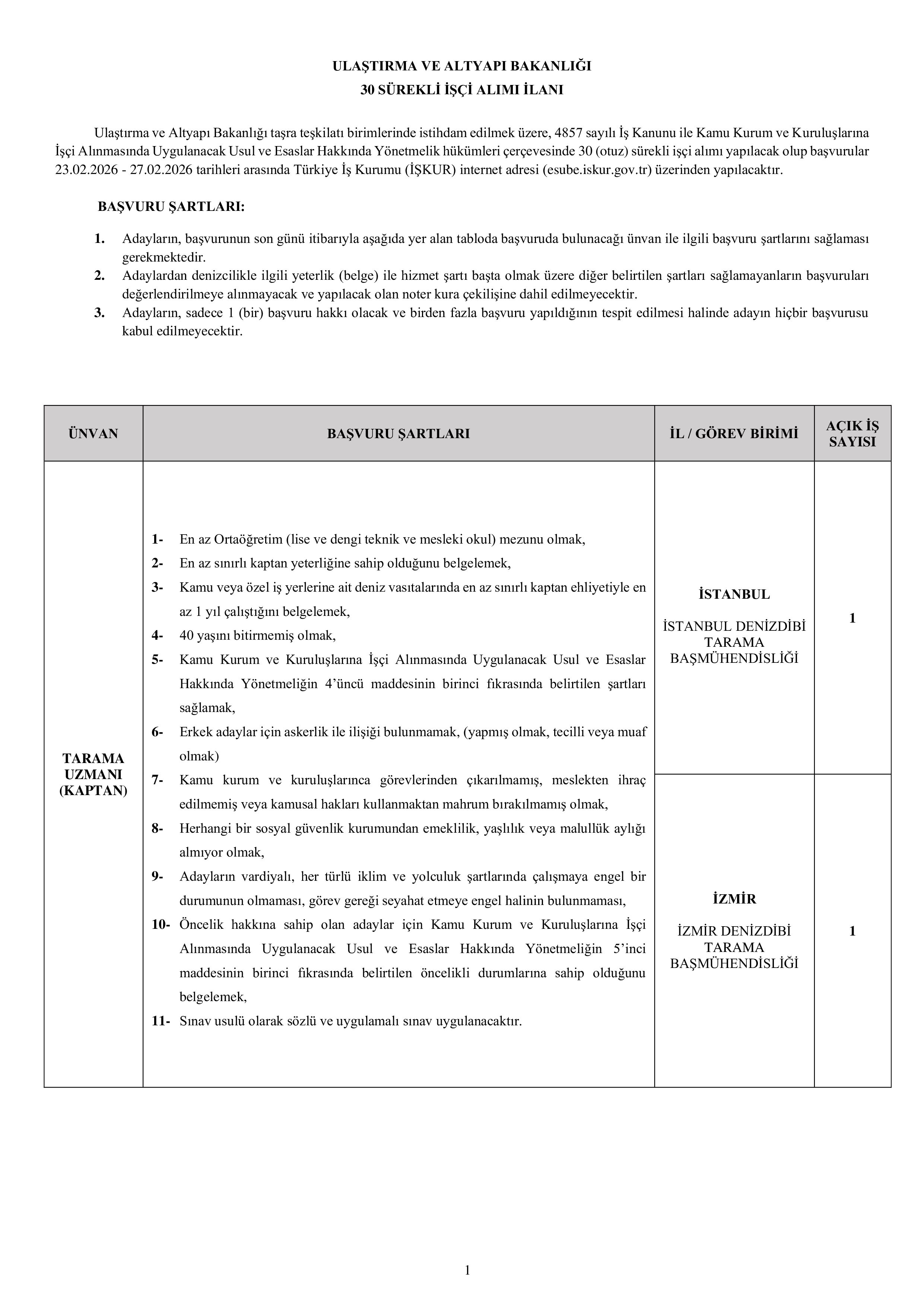 ULAŞTIRMA VE ALTYAPI BAKANLIĞI 30 SüREKLİ İŞÇİ ALACAK ( 23 Şubat - 27 Şubat) İlan İçeriği Sayfa 1